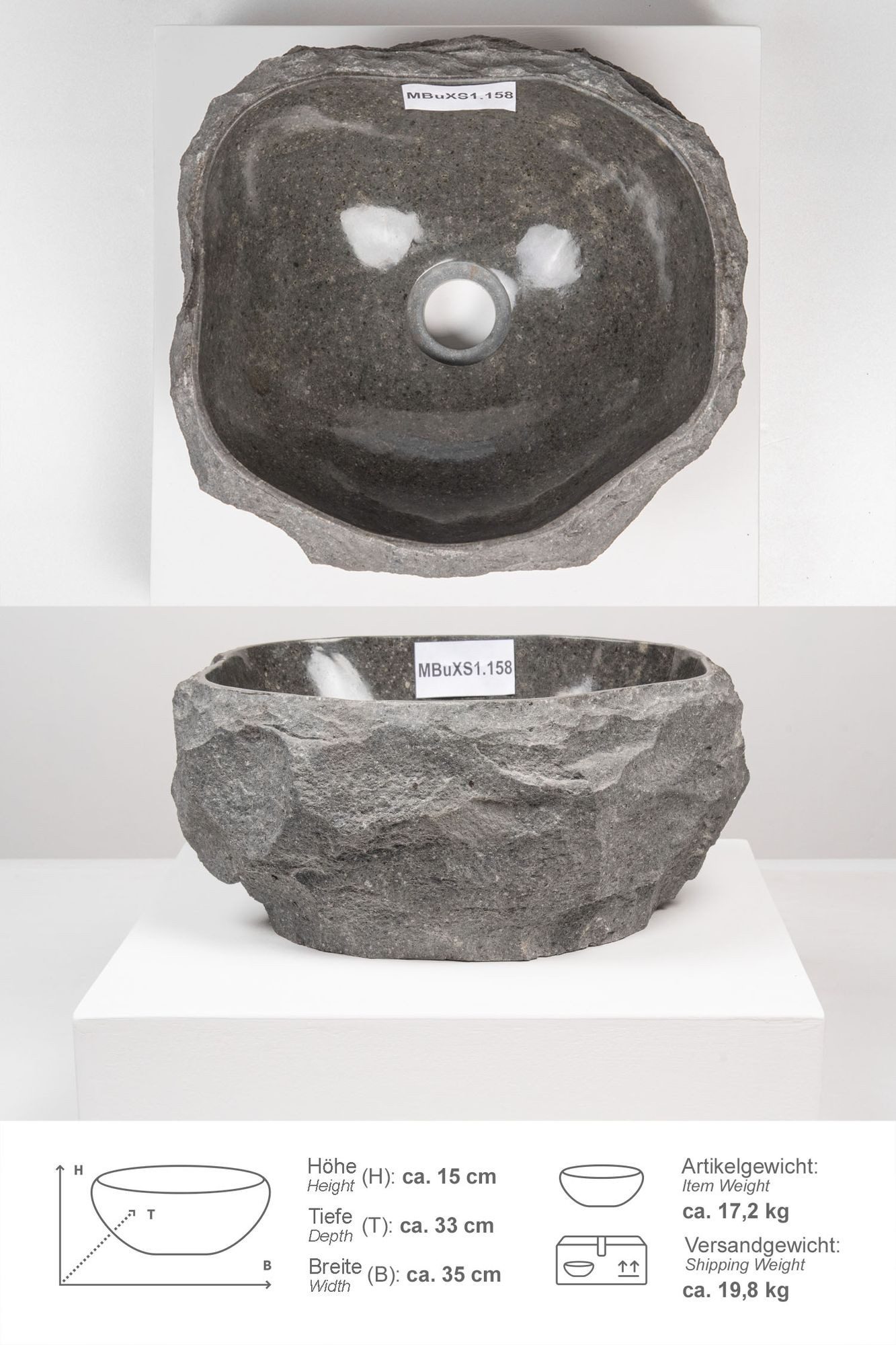 wohnfreuden Aufsatzwaschbecken Andesit Waschbecken EROSI 30 cm mit Naturkante anthrazit (Kein Set), 126607_MBuXS1.158