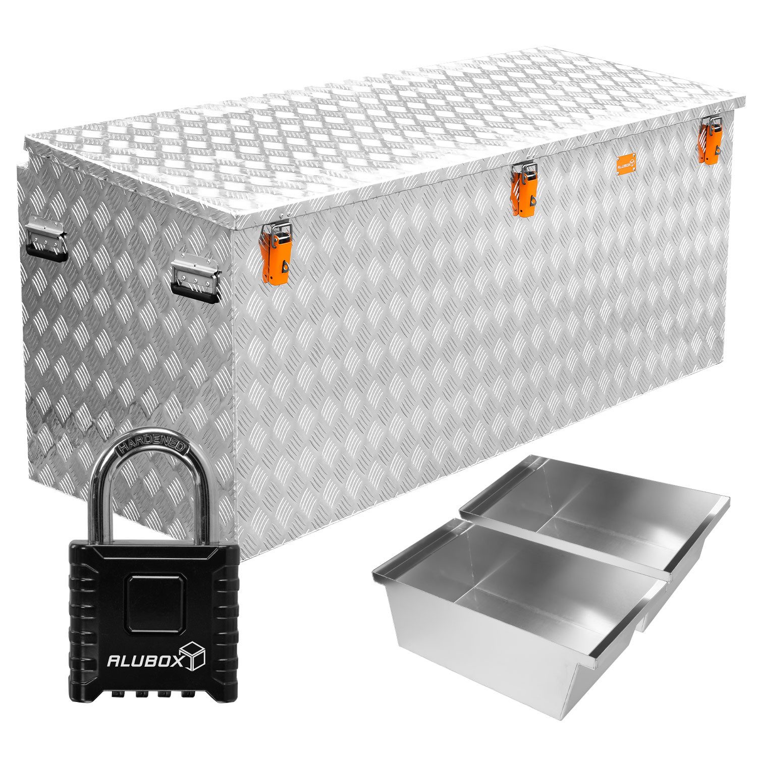 ALUBOX Aufbewahrungsbox Pritschenbox Truckbox 3mm Alu Riffelblech, mit 2 Einsätzen und 1 Vorhängezahlenschloss - korrosionsbeständig