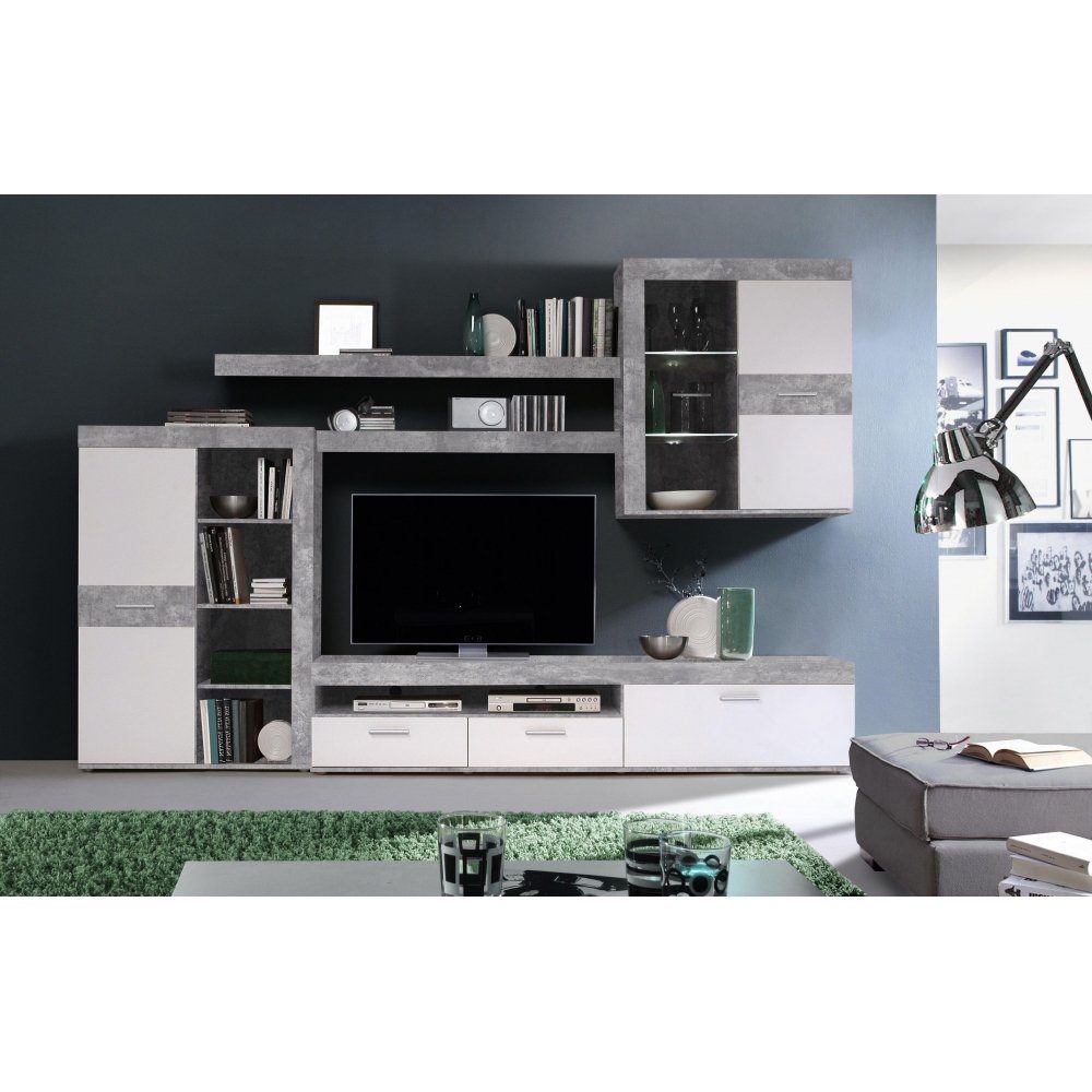 Forte Möbel Mediawand ZUMBA Beton grau / weiß Wohnwand Anbauwand Wohnzimmerschrank inkl. LED Beleuchtung ca. 300 cm
