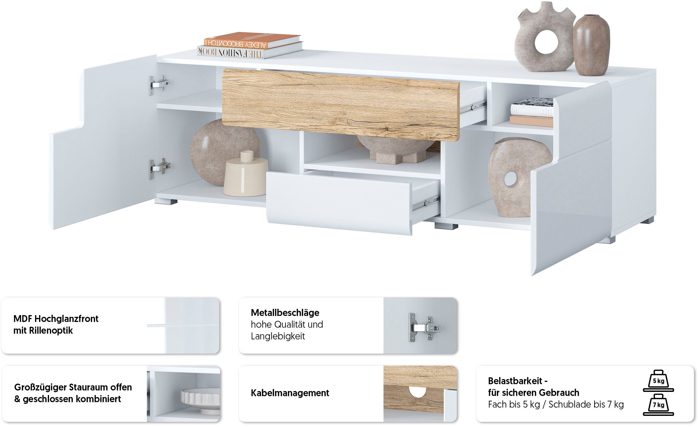 OTTO home Lowboard Toledo,Breite 159cm, trendige TV-Schrank mit dekorative Fräsungen, TV-Board ohne Beleuchtung, TV-Kommode mit viel Stauraum