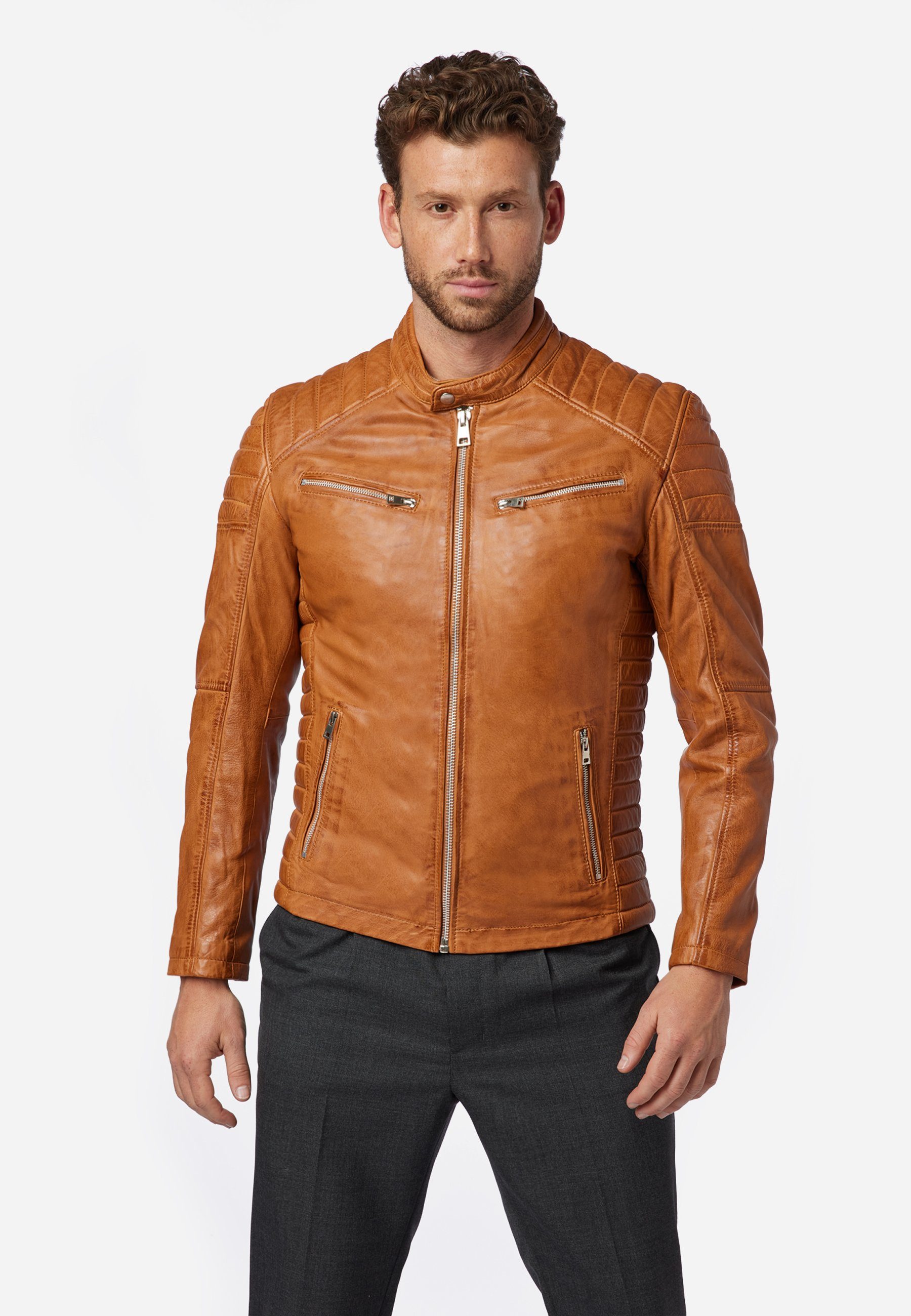 RICANO Lederjacke Cooper Lederjacke im Biker-Stil mit Stehkragen