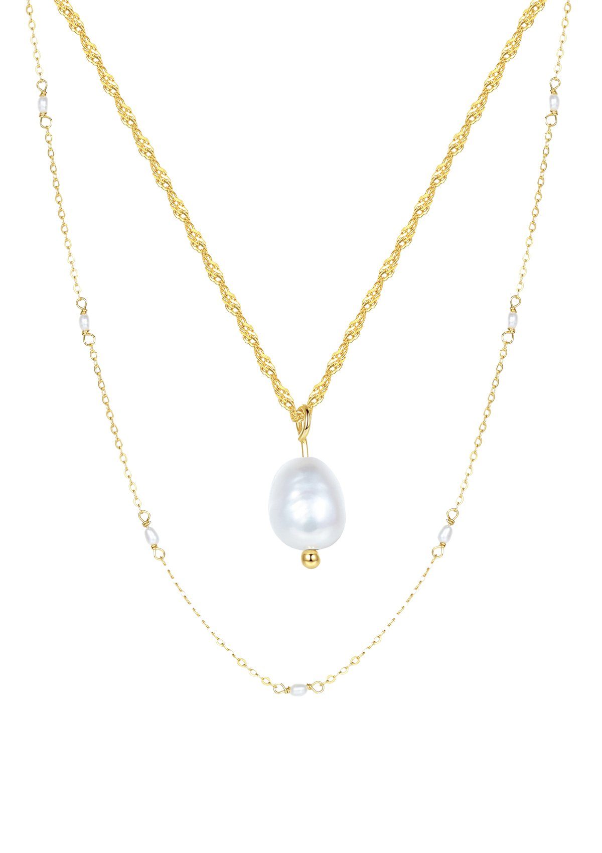 Hey Happiness Perlenketten-Set Damen 2-tlg., Schmuckset, Layer Halskette Silber 925 mit weißen Perlen, Brautschmuck