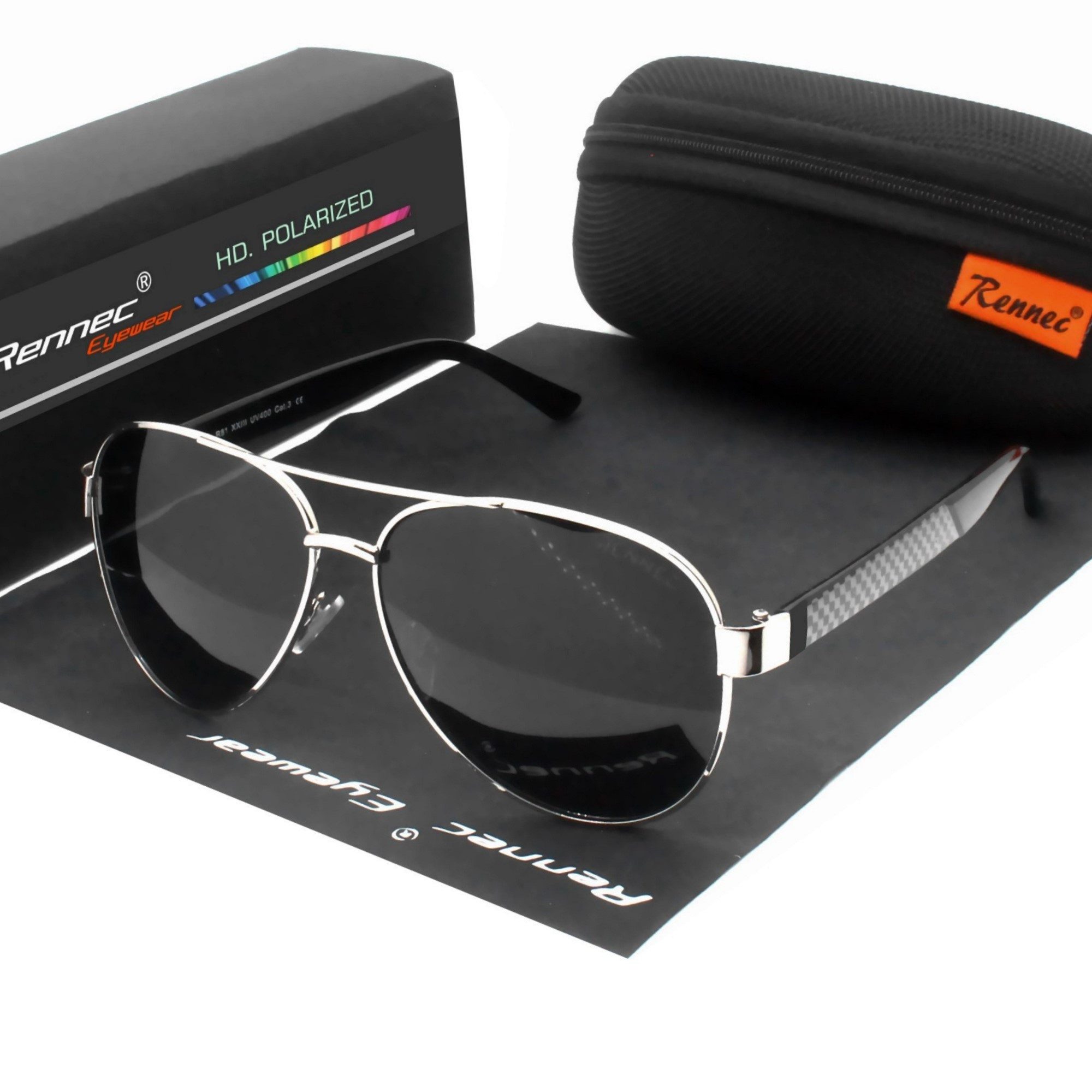 Rennec Sonnenbrille (Große Pilotenbrille Polarisiert Silber Chrom Schwarz mit Hardcase) Polarisierte Gläser Schwarz Getönt, sportlich breite Brillenbügel