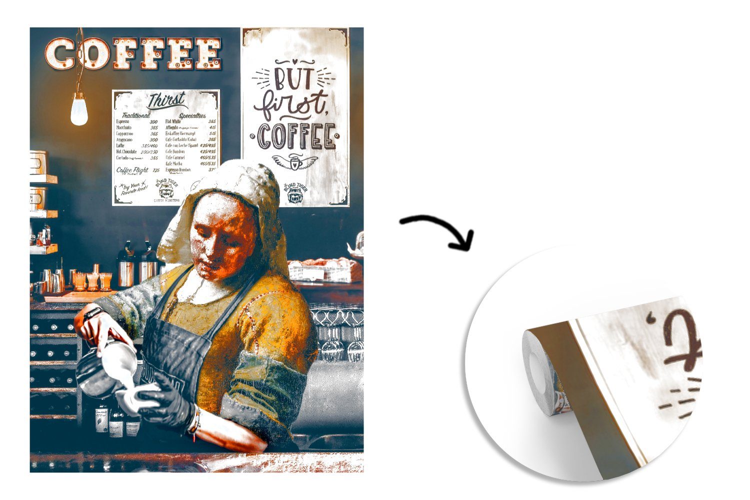 MuchoWow Kaffee Vinyl Vintage für Wohnzimmer, - Montagefertig - Wandtapete - Barista - - Malerei, (4 Matt, bedruckt, - Kunst Fototapete Tapete Abstrakt St), Milchmädchen