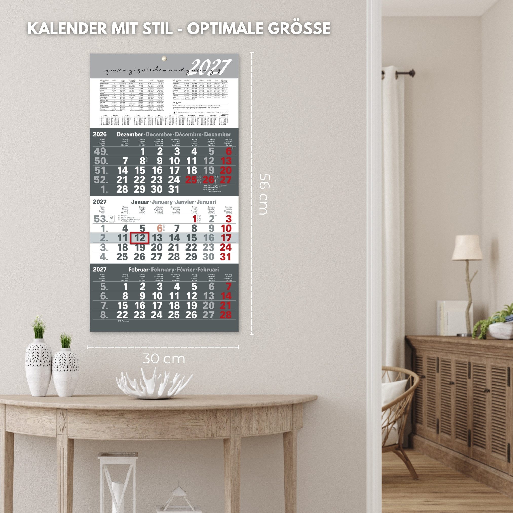Kamber Office Wandkalender 3 Monatskalender 2027 mit Schieber Büro Kalender, Großer Kalender 2027, Dreimonatskalender 2027 groß mit Datumsschieber Jahreskalende – Bild 4 von 5