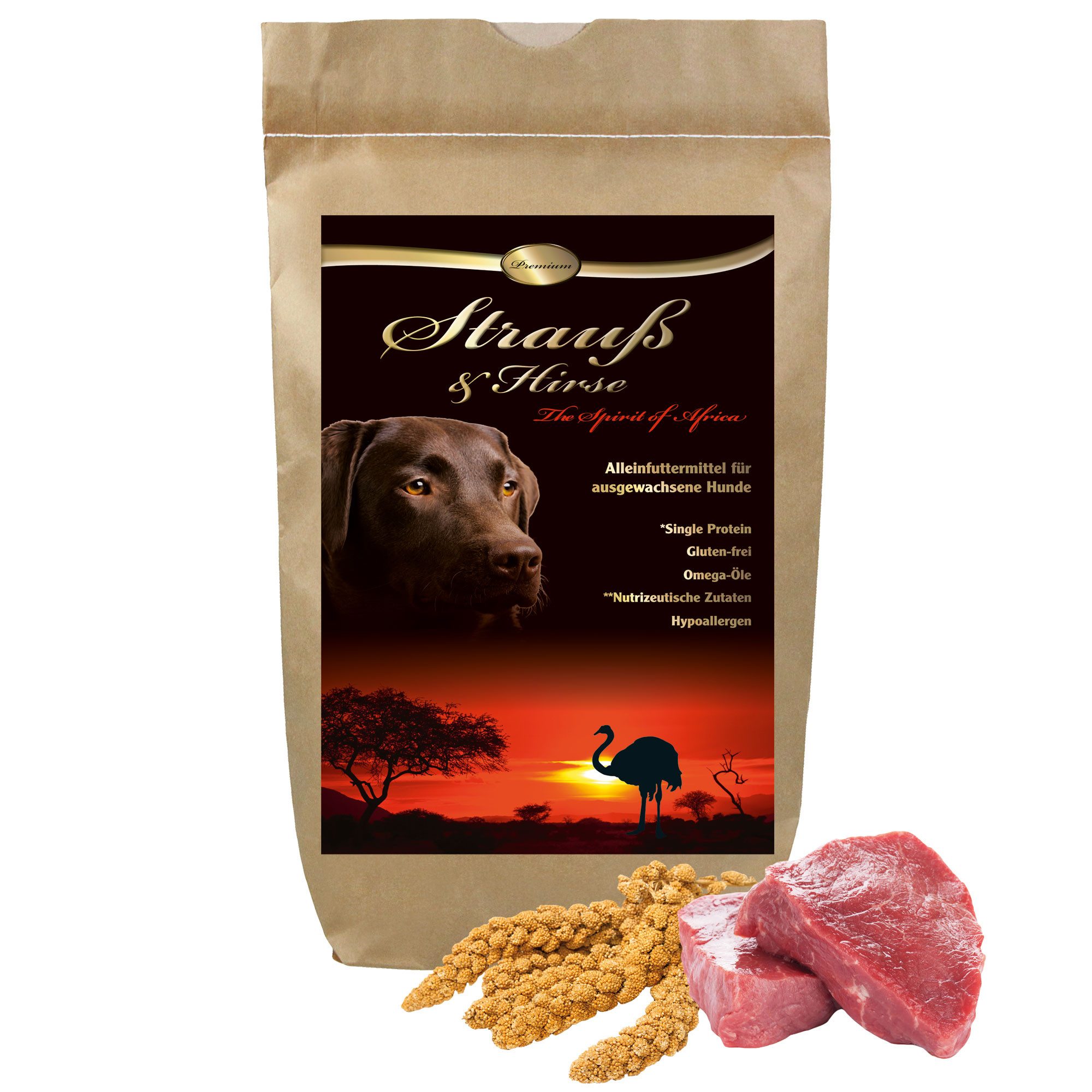 Schecker Schecker Premium Trockenfutter Strauß & Hirse - Hypoallergen Strauß, Trockenfutter für: Hunde, Single Protein, Glutenfrei, mit Omega-Öle