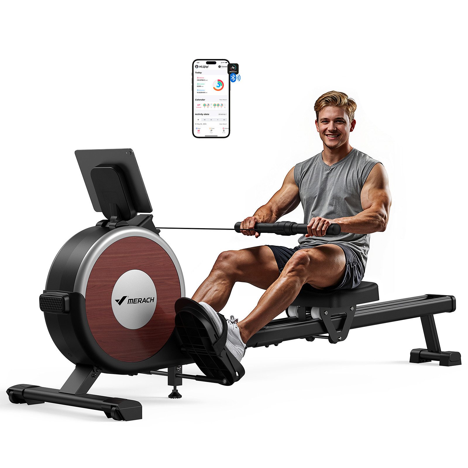 MERACH Rudergerät klappbar, smarter Magnetwiderstand bis 35KG Spitzenkraft (Rudergeräte mit 16 Stufen Einstellbar Widerstand, Doppel-Slide-Rails, Bluetooth Exklusiver App, Verstellbarer Tablethalterung, LCD-Display), ideal für Cardio-Training, Heimfitness