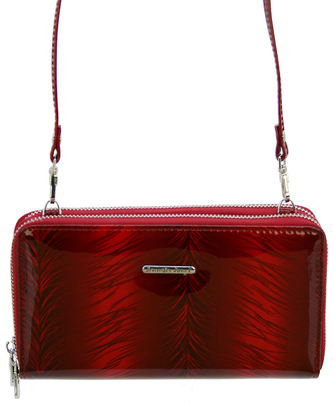 J JONES JENNIFER JONES Clutch Leder Geldbörse Schultertasche 2in1 elegant RFID-Schutz Gurt abnehmbar, Lackleder