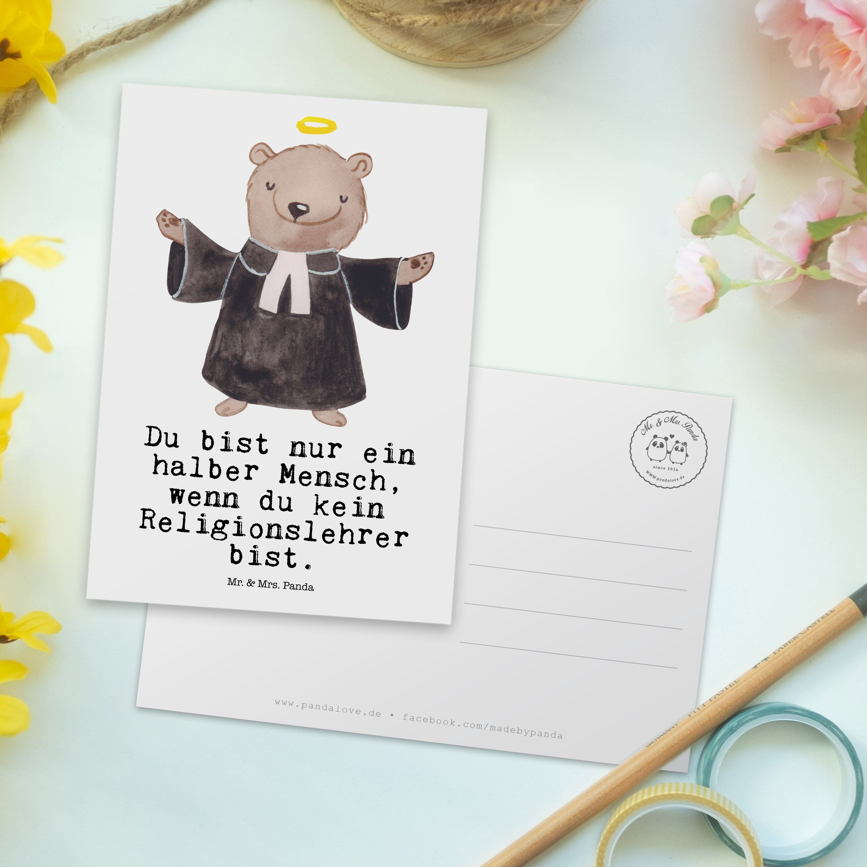 mit Panda & Religionslehrer Reli Postkarte Lehrer, Mr. Weiß Geschenk, Mrs. Grund - Herz Firma, -