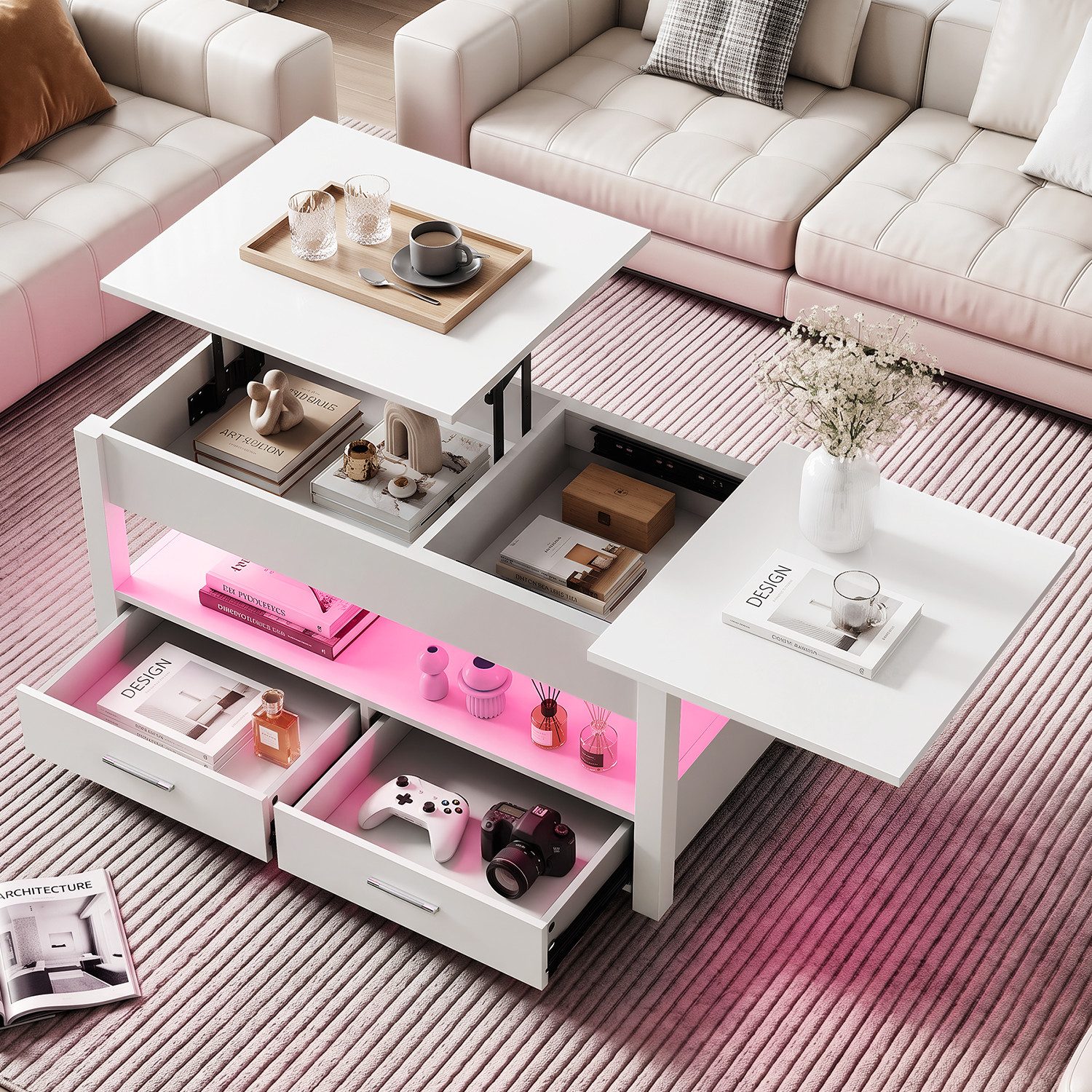 oyajia Couchtisch Wohnzimmertisch mit LED Beleuchtung & Fernsteuerung Beistelltisch (Bluetooth-Fernbedienung,App-Steuerung,100 x 50 x 46cm,mit 2 Schubladen,Farbwechsel-LEDs, offenen Fächern,stabil, pflegeleicht), Teetisch mit ausziehbar Tisch & Stauraum