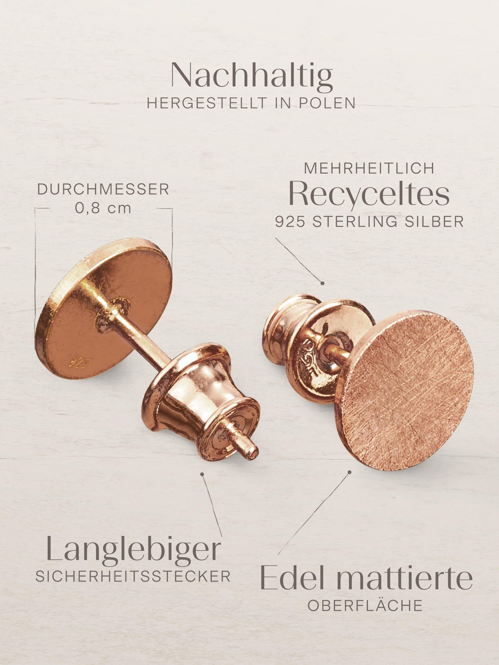Roségold Paar Damen Ohrstecker Rund Vergoldet, Kreis Ohrringe Silber 8mm, Ohrschmuck Sterling 925, CIRCLE modabilé