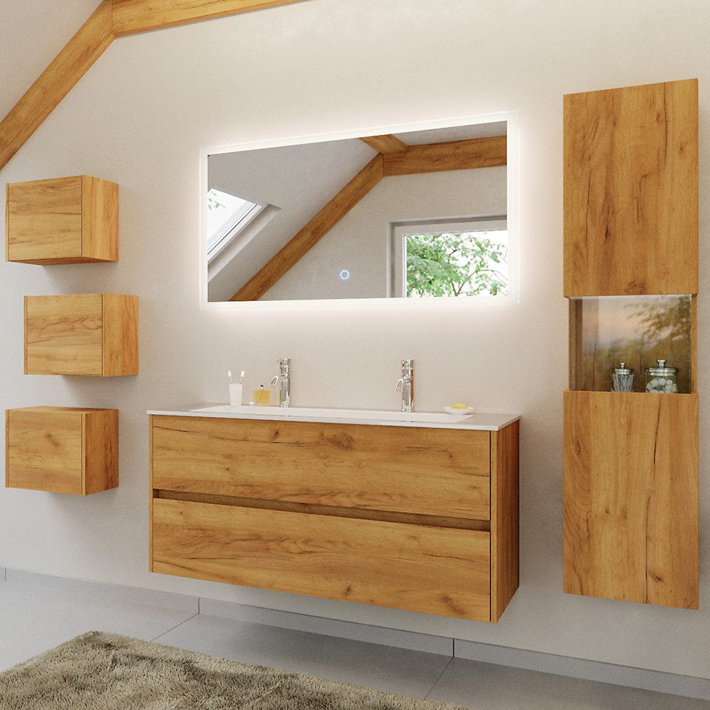 Lomadox Badmöbel-Set LIVIGNO-02, (Spar-Set, 6-St., LED-Spiegel Waschtisch Hochschrank Hängeschränke), in Eiche mit LED-Beleuchtung