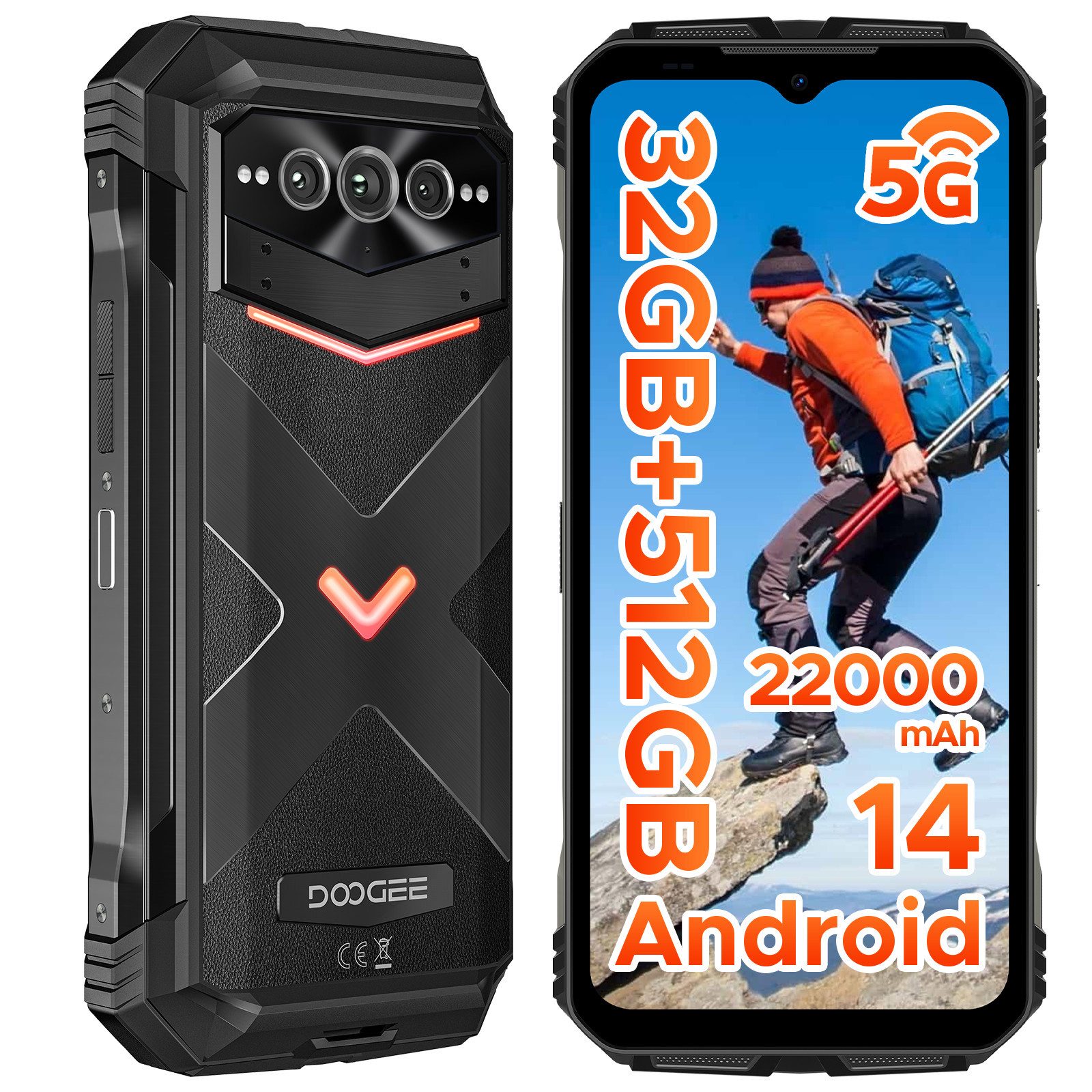 DOOGEE V MAX PRO 5G Robustes Smartphone, 22000mAh 12GB+512GB/TF 2TB Smartphone (6.58 Zoll, 512 GB Speicherplatz, 108 MP Kamera, 108 MP + 20 MP, 120 Hz, IP68/IP69K, NFC/Face ID/WLAN 6)