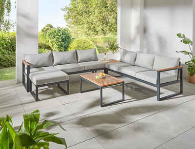 KONIFERA Gartenlounge-Set Rhodos, (Set, 5-tlg., 2xBank,1xHocker, 1xTisch 65x50x37cm, 1xTisch 90x65x37cm,inkl. Auflagen), Terassenmöbel,Aluminium,Akazienholz