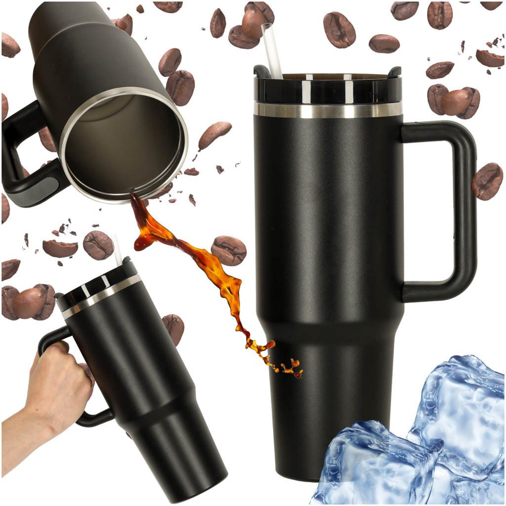 Ikonka Thermobecher Thermobecher 1200 ml mit Strohhalm und Griff Schwarz/Weiß, 1200 ml, Edelstahl, doppelwandig, Griff, Strohhalm, isolierend