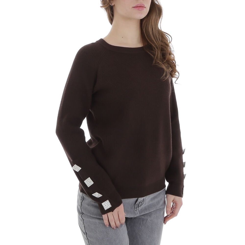 Ital-Design Strickpullover Damen Freizeit (88578874) Strass Stretch Strickpullover in Braun