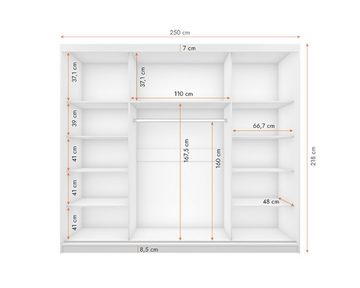 MOEBLO Kleiderschrank ELBA II (Schwebetürenschrank 2-türig Schrank Garderobe Schiebtüren Schlafzimmer, Dekorative Aluminiumleisten, Kleiderstange und Regale) (BxHxT):250x218x61 cm