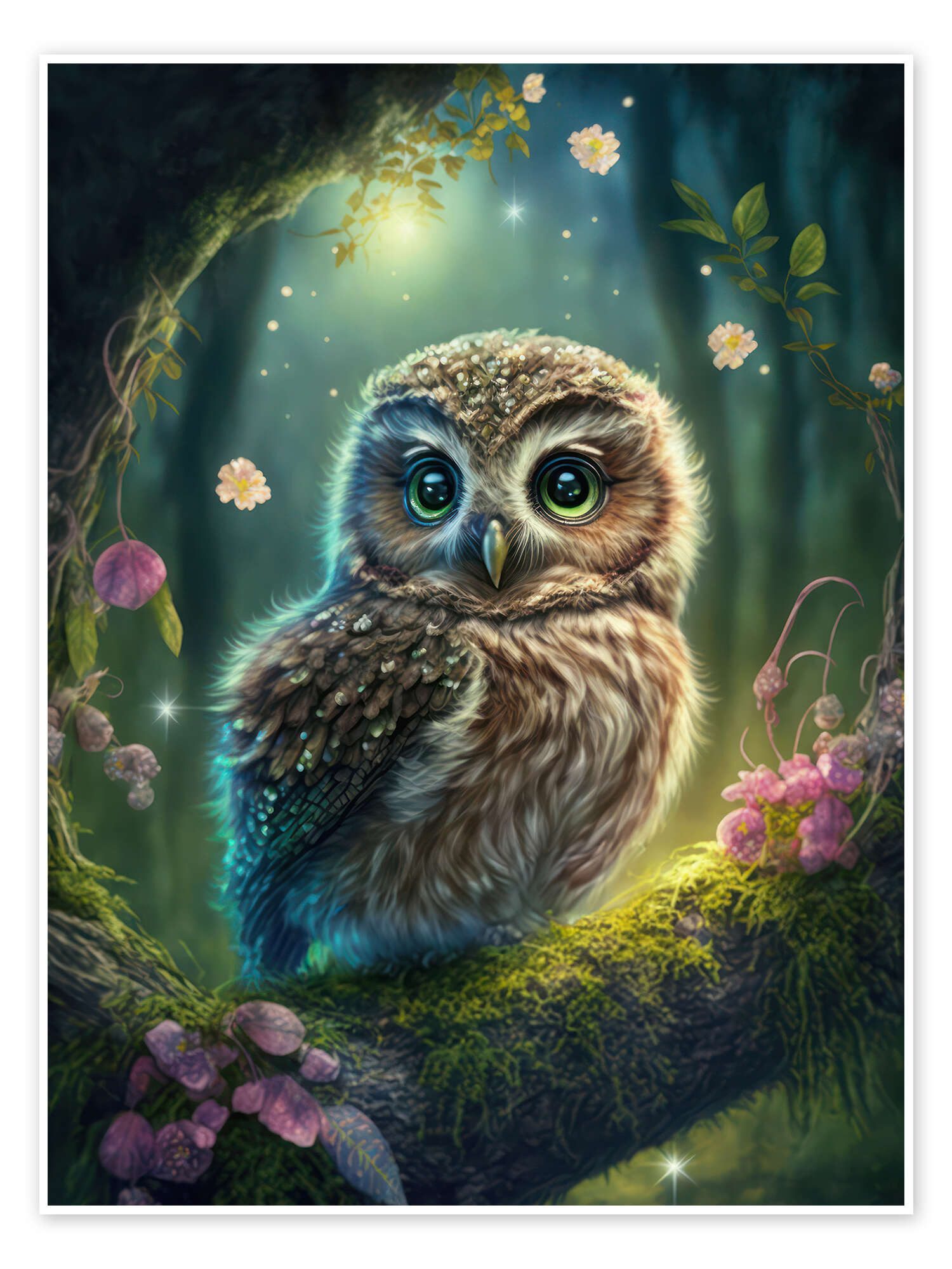 Posterlounge Wandbild Süße Eule auf einem Baum, Dolphins DreamDesign, erhältlich als Poster, Leinwandbild, Wandsticker oder Acrylglasbild