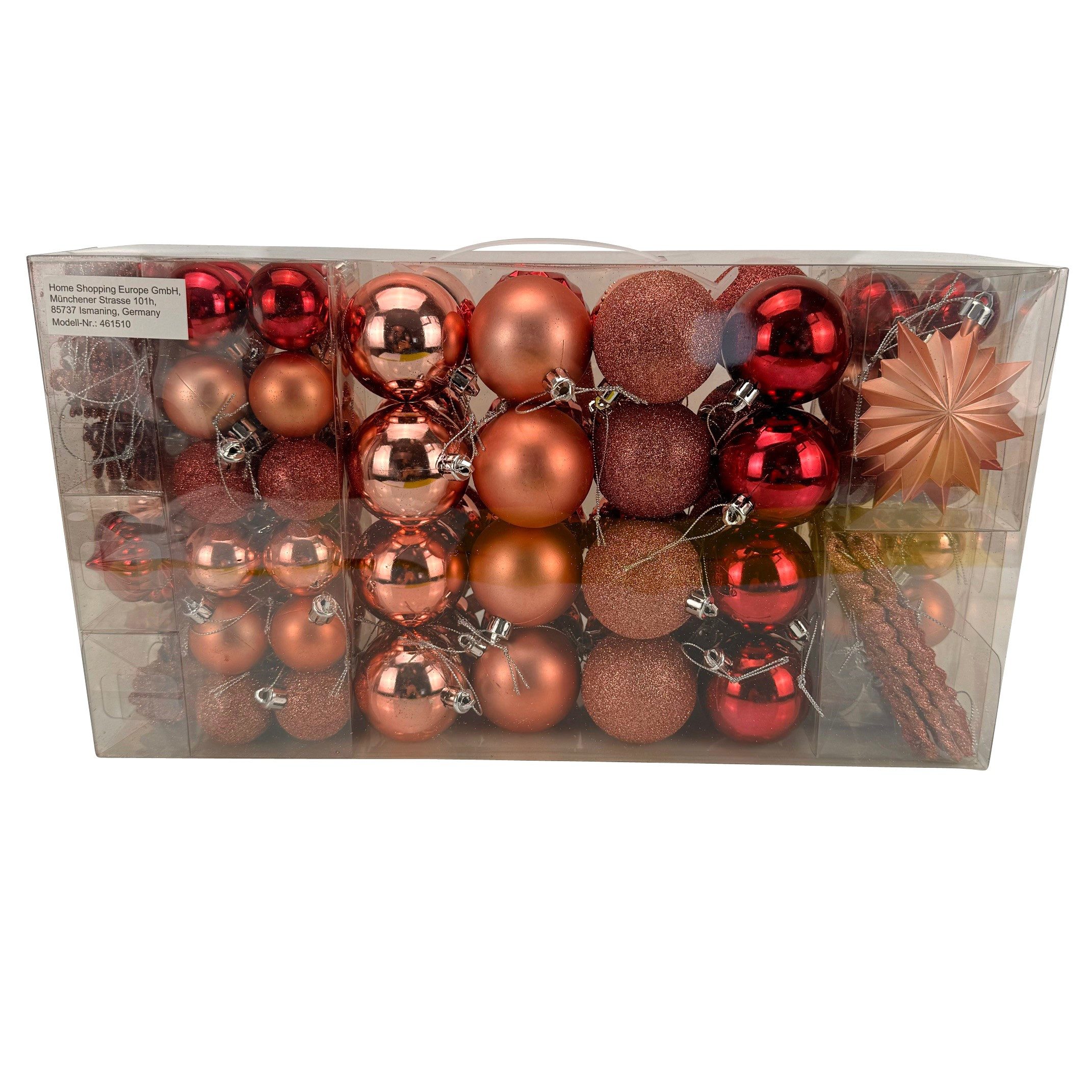 Online-Fuchs Christbaumschmuck Weihnachtsbaumschmuck - 100 Teile - Kugeln, Schneeflocken, Sterne, Tannenzapfen, Weihnachtsbaumspitze - Silber, Rot, Gold, Rosé – Bild 2 von 2