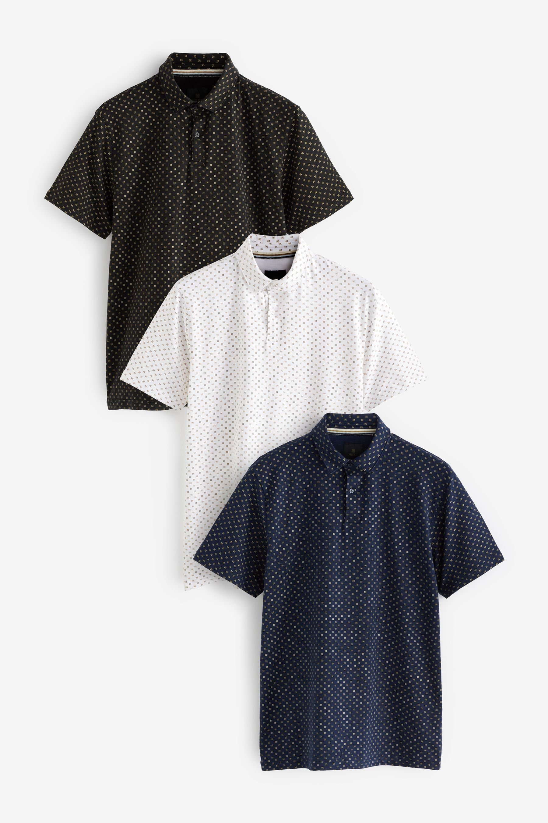 Next Poloshirt Poloshirts aus Jersey im 3er-Pack (3-tlg) White/Black/Navy Blue Geo Print