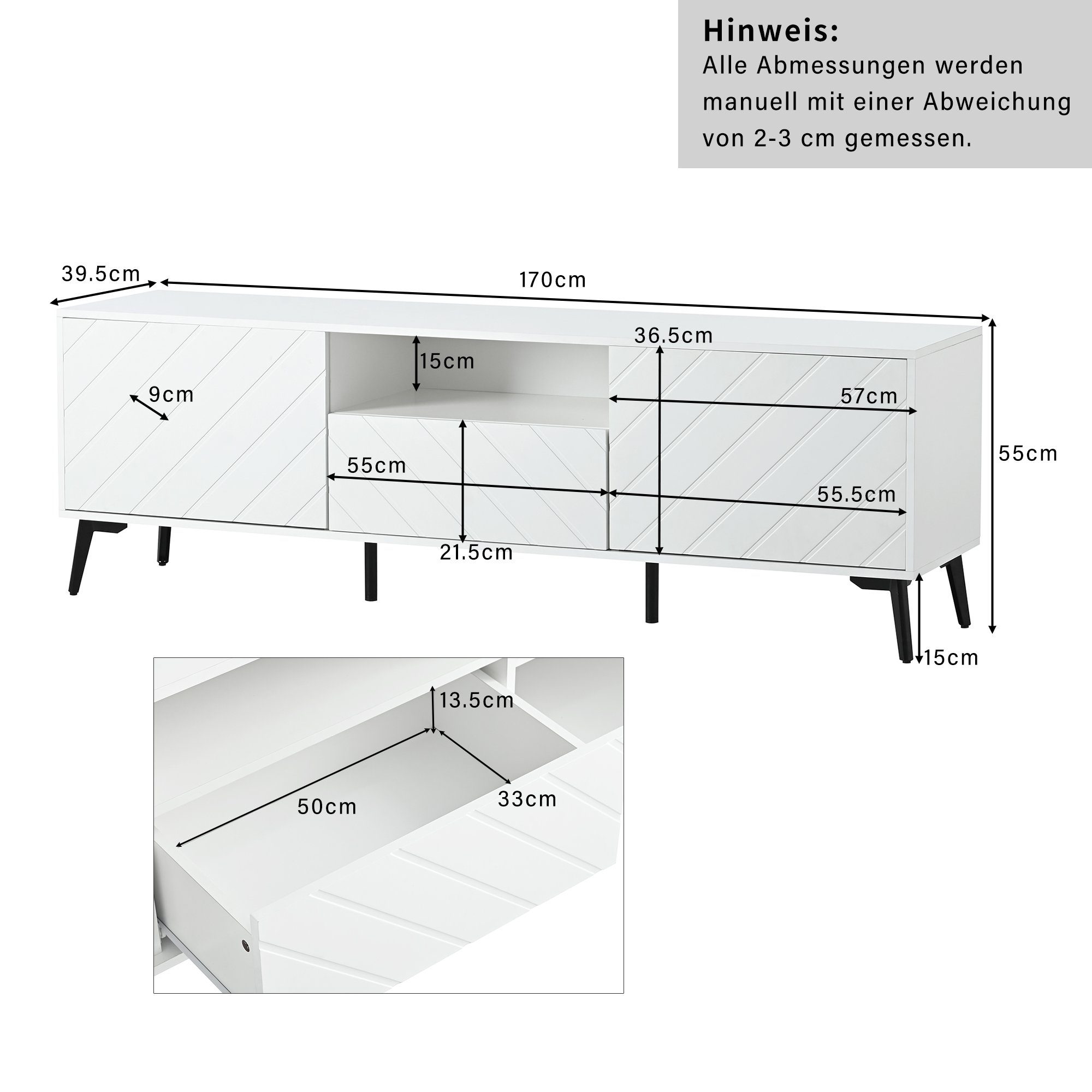 2 1,7 BlingBin und Lowboard verstellbaren Schubladen) weißer Meter 2 TV-Schrank Türen (1-St., langer, Kunststoffunterlagen Trennwänden, TV-Ständer mit