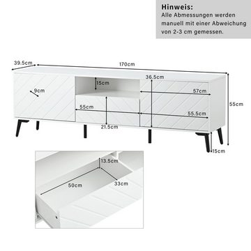 BlingBin TV-Schrank weißer TV-Ständer Lowboard (1-St., 1,7 Meter langer, mit 2 Türen und 2 Schubladen) verstellbaren Trennwänden, Kunststoffunterlagen