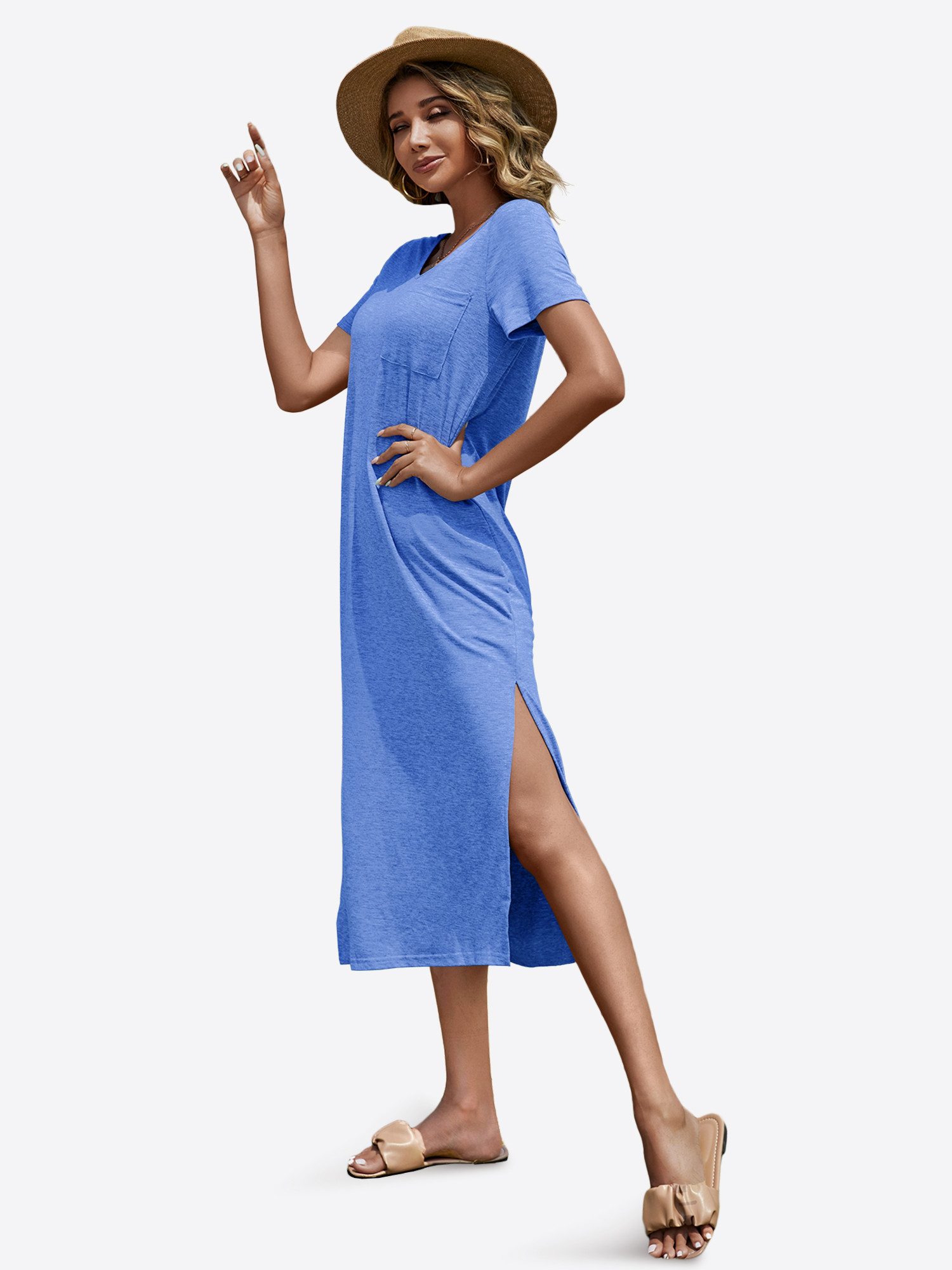 Imily Bela Maxikleid Damen Shirtkleid ärmellos V-Ausschnitt Loose Sommer (Packung, 1-tlg., 1per-Pack) mit Brusttasche und Seitenschlitzen