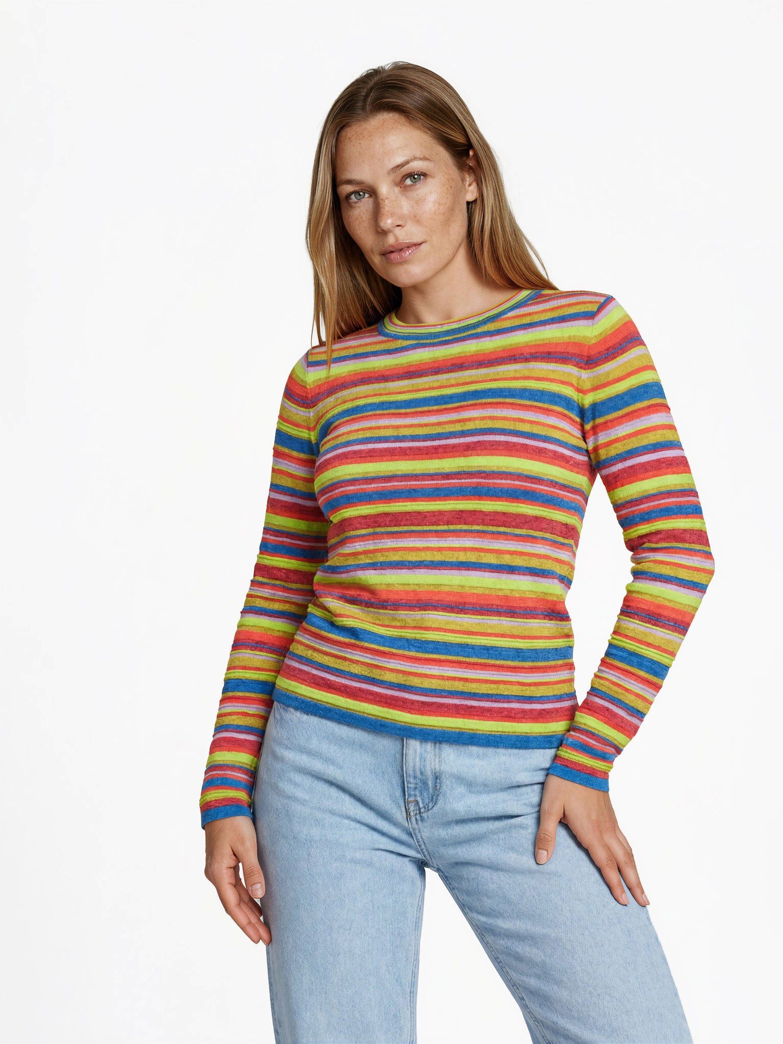 FRISTED Sweater Damen Gestreift Bio Baumwolle Rundhals Modern fit Langarm Figurbetonter Pullover mit Melange-Optik und seitlichen Schlitzen