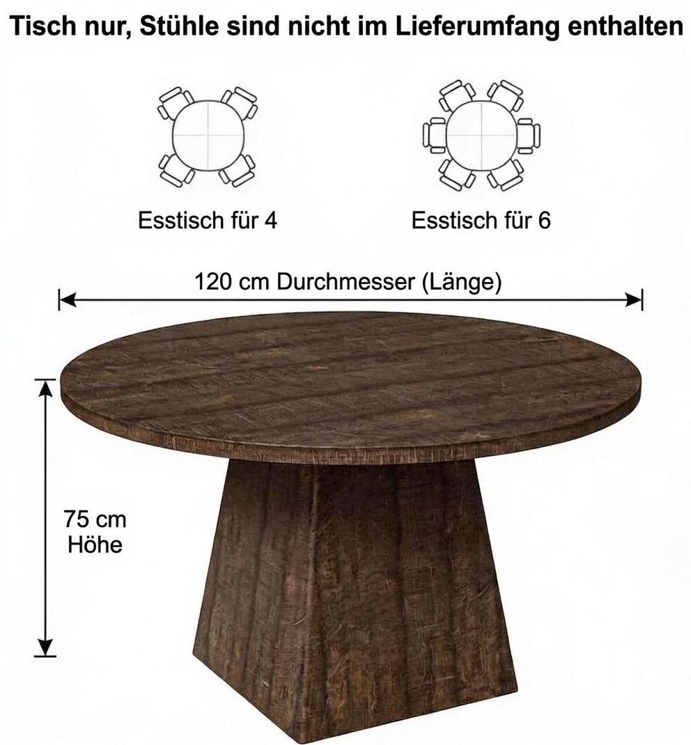 GarveeMore Esstisch Runder Küchentisch 120cm Beistelltisch Wohnzimmertisch Säulen-Esstisch (1-St), dicke Tischplatte und quadratischer Fuß, Bietet Platz für 4–6 Personen