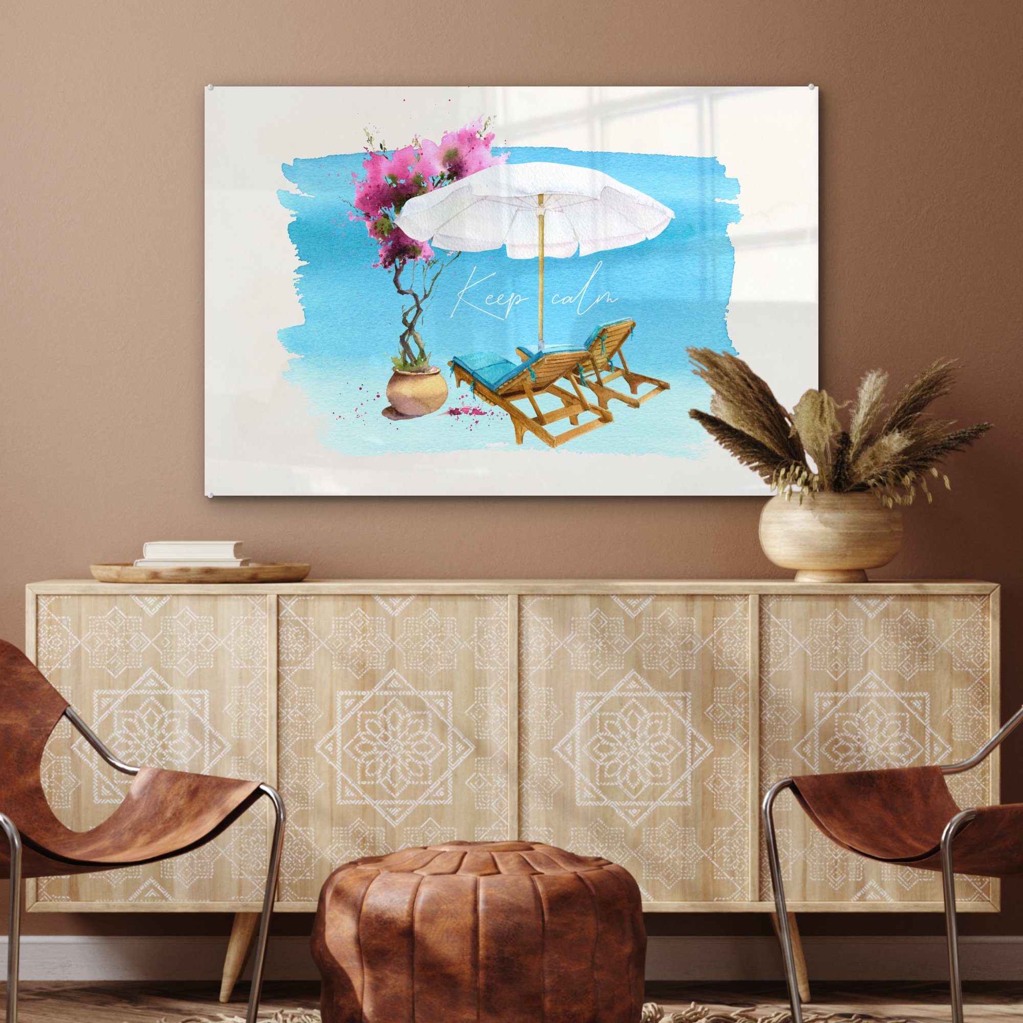 Schlafzimmer - St), - Blumen & Acrylglasbilder (1 Strandkorb Aquarell, Wohnzimmer Acrylglasbild Sonnenschirm MuchoWow -