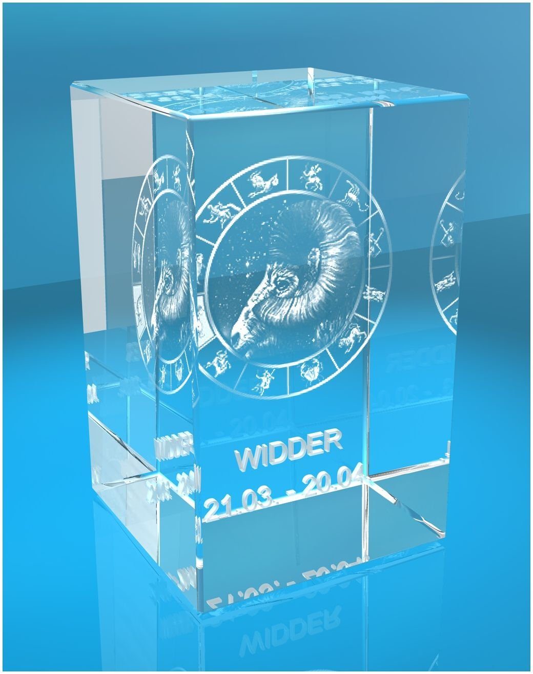 VIP-LASER Dekofigur 3D Glasquader Motiv: Sternzeichen Widder, Hochwertige Geschenkbox, Made in Germany, Familienbetrieb