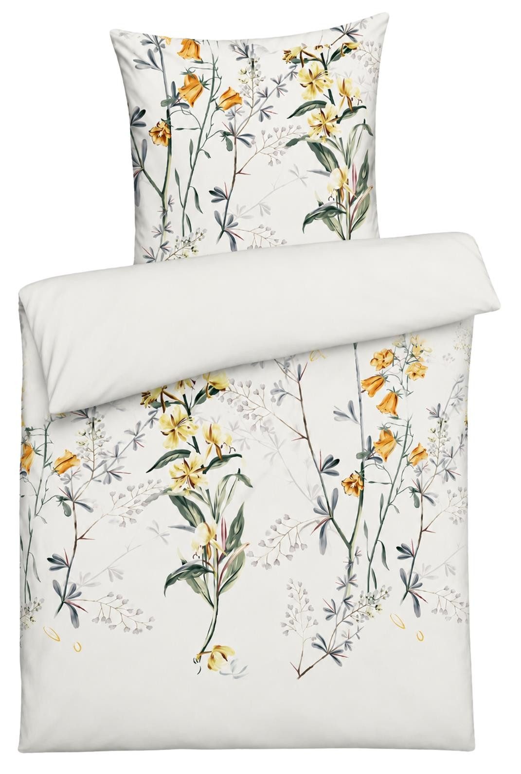 Carpe Sonno Bettwäsche Mako Satin Bettwäsche 135 x 200 155 x 220 Blumen Baumwolle OEKO-TEX, Mako-Satin, 2 teilig, Makosatin Bettbezug Reißverschluss, Floral Grau Gelb 155x220