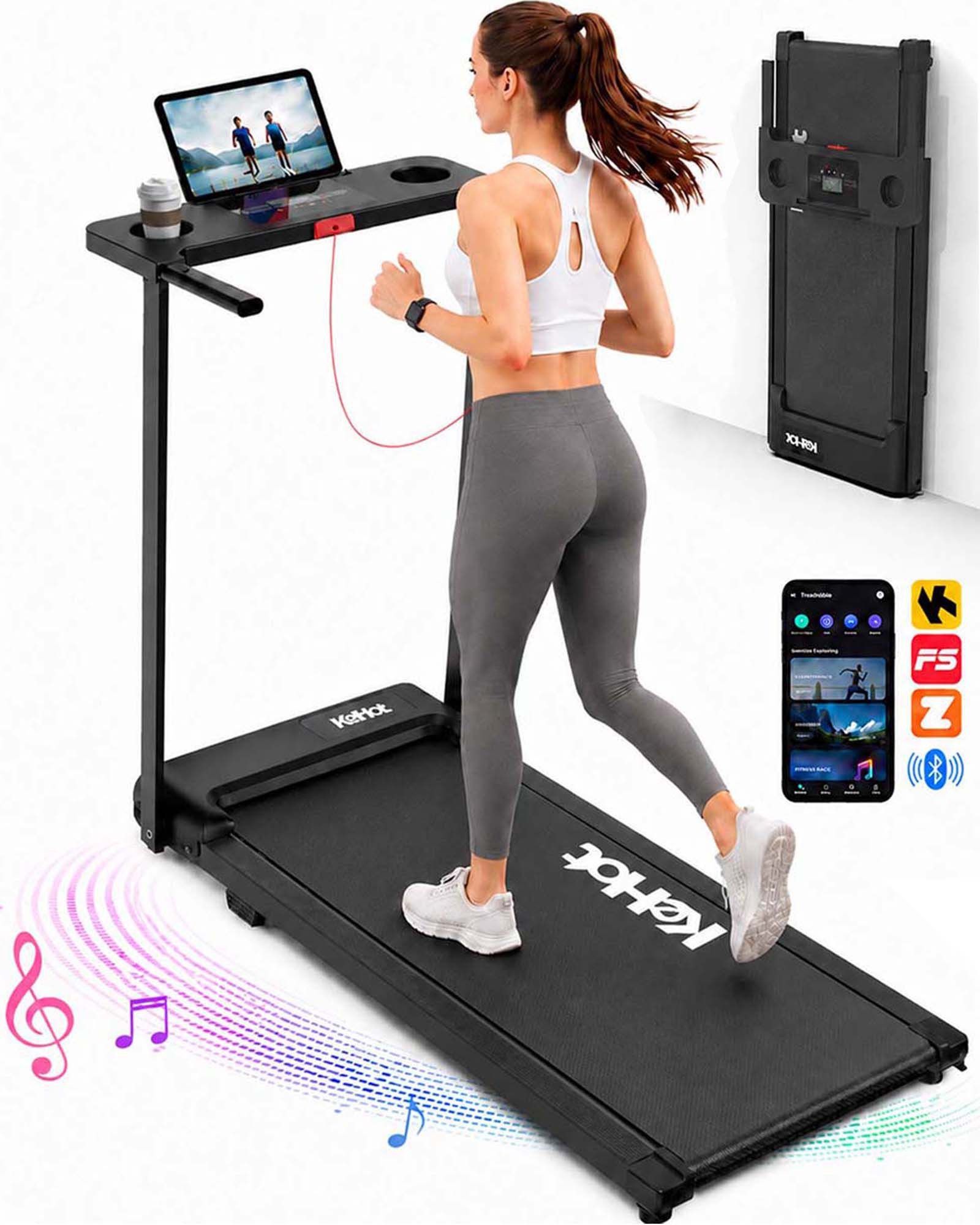 kehot Laufband Klappbares Laufband für Zuhause – 1–12 km/h & 2,5 PS Motor (Leises Homegym Laufband mit Stoßdämpfung bis 136 kg, Bluetooth App & 12 Trainingsprogramme für Cardio Training), Platzsparendes Laufband für Walking & Jogging Zuhause