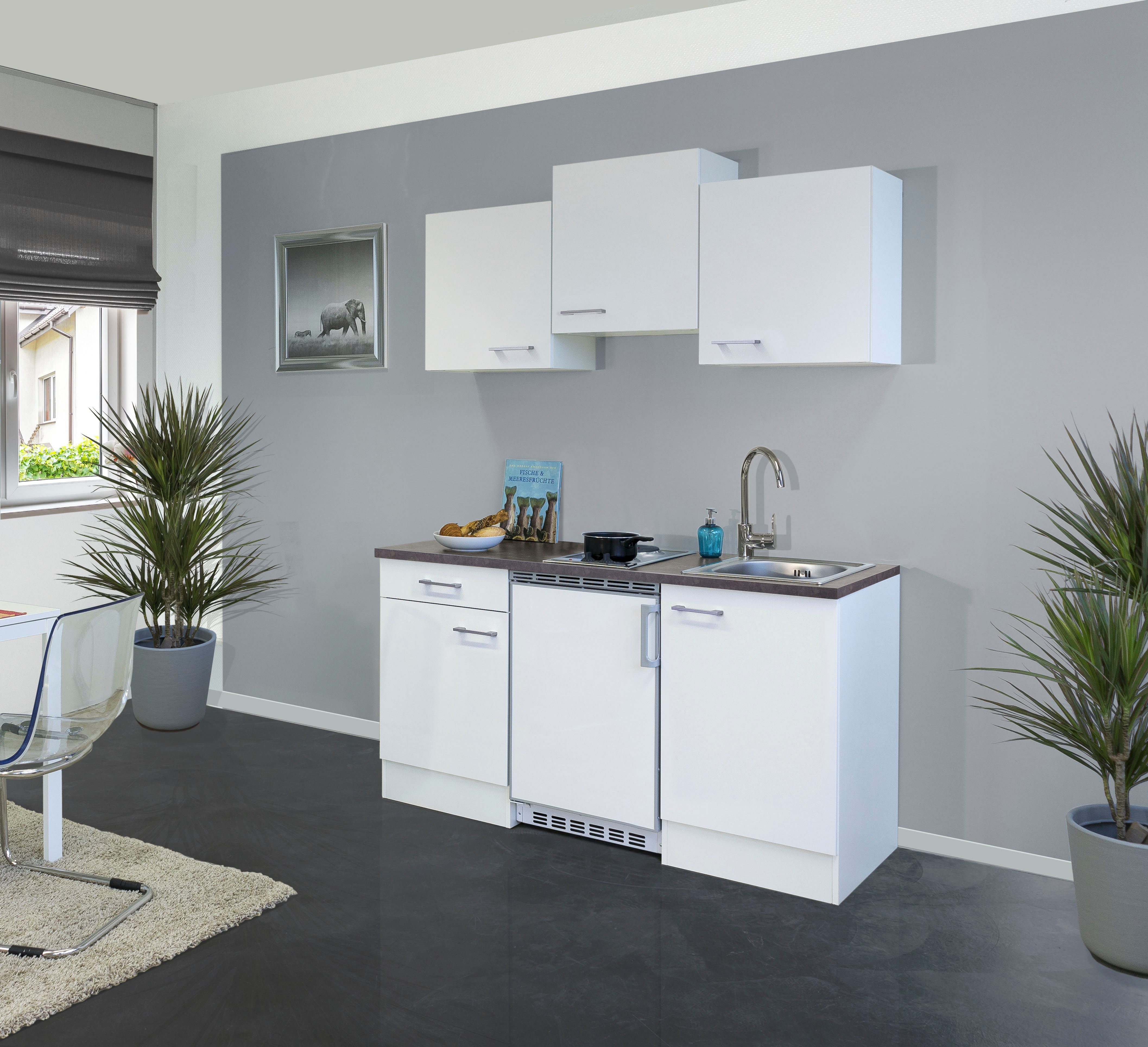 Flex-Well Küchenzeile Lucca, Breite 150,5 cm, mit Unterbau-Kühlschrank, Kochfeld und Spüle