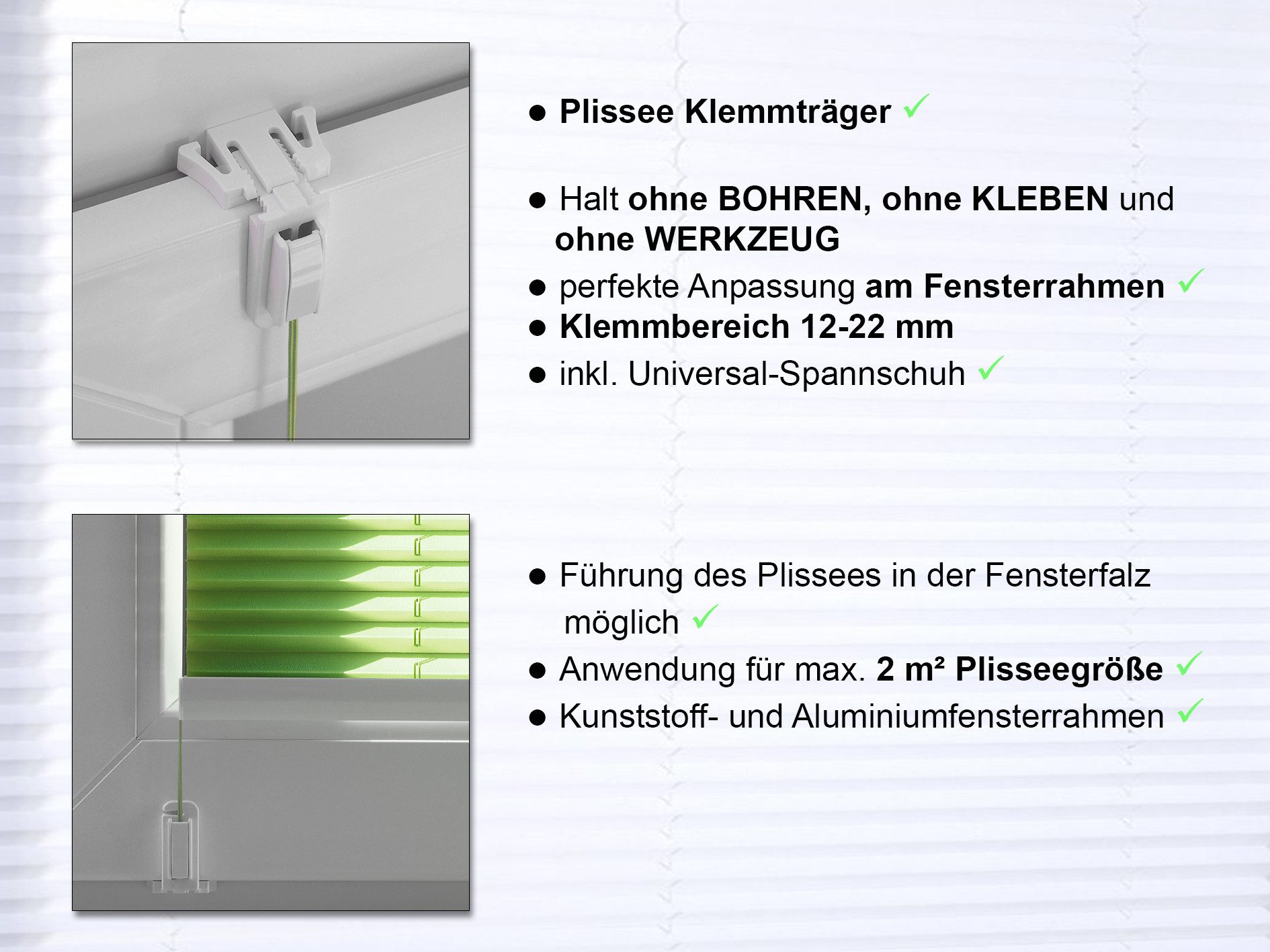 dekohaken24.de Klemmträger Fensterhaken für Plissees inkl. Klemmschuh/Spannschuh, gespannt im Glasrahmen, Montage ohne Bohren, ohne Kleben, ohne Werkzeug, Klemmbereich 12-22 mm