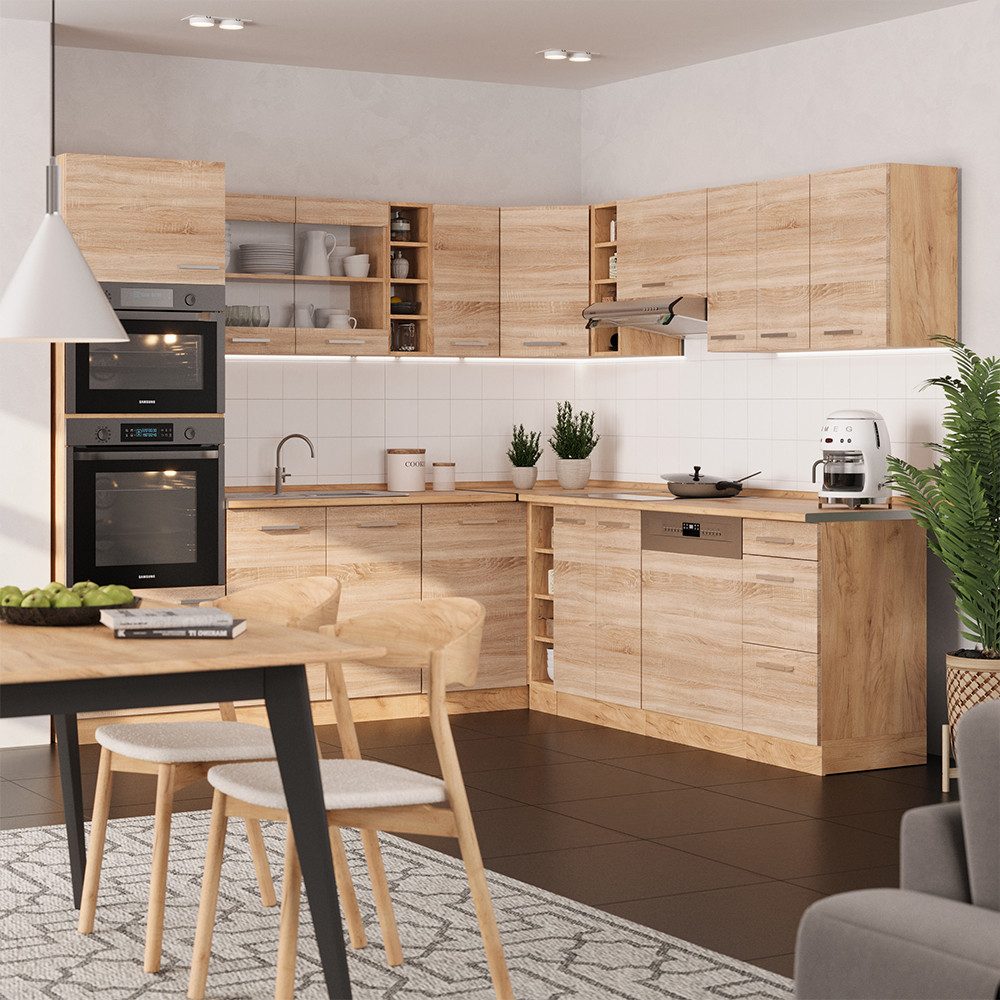 Vicco Winkelküche R-Line, Sonoma/Goldkraft Eiche, 237 x 247 cm, AP Eiche