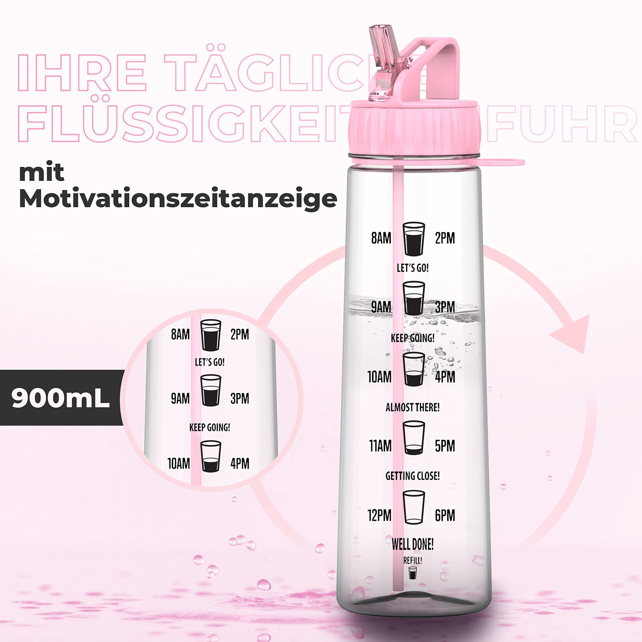 Tritan, Kunststoff Trinkflasche Strohhalm, Bottles Zeitmarkierungen, Pink Soft BPA-frei, 900ml Hydrate Trinkflasche,