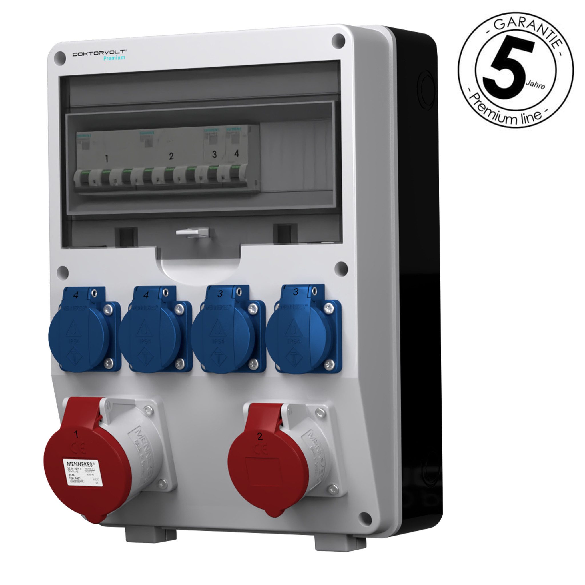 Doktorvolt Stromverteiler pTD-S 32A 16A 4x230V SIEMENS mit Mennekes Dosen Steckdosenverteiler (1 LSS x C16 3P 10kA SIEMENS, 2 x LSS C16 1P 10kA SIEMENS, 1x LSS C32 3P 6kA SIEMENS), ausgestattet mit Mennekes-Steckdosen