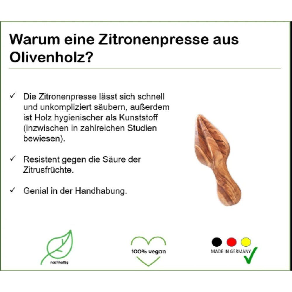 Olivenholz-erleben Zitronenreibe Zitronenpresse aus Olivenholz, Olivenholz, (1-St), antibakterielle Wirkung, hygienischer als Kunststoff