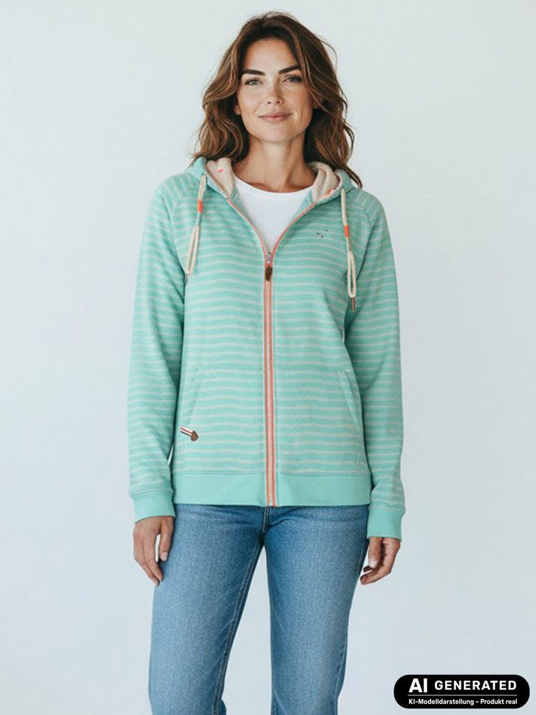 modAS Kapuzensweatjacke Damen Sweatjacke 40715 Streifen mit Kapuze - Gestreifte Freizeitjacke Modische Kapuzenbänder, Frontreißverschluss, Eingrifftaschen, Bündchen