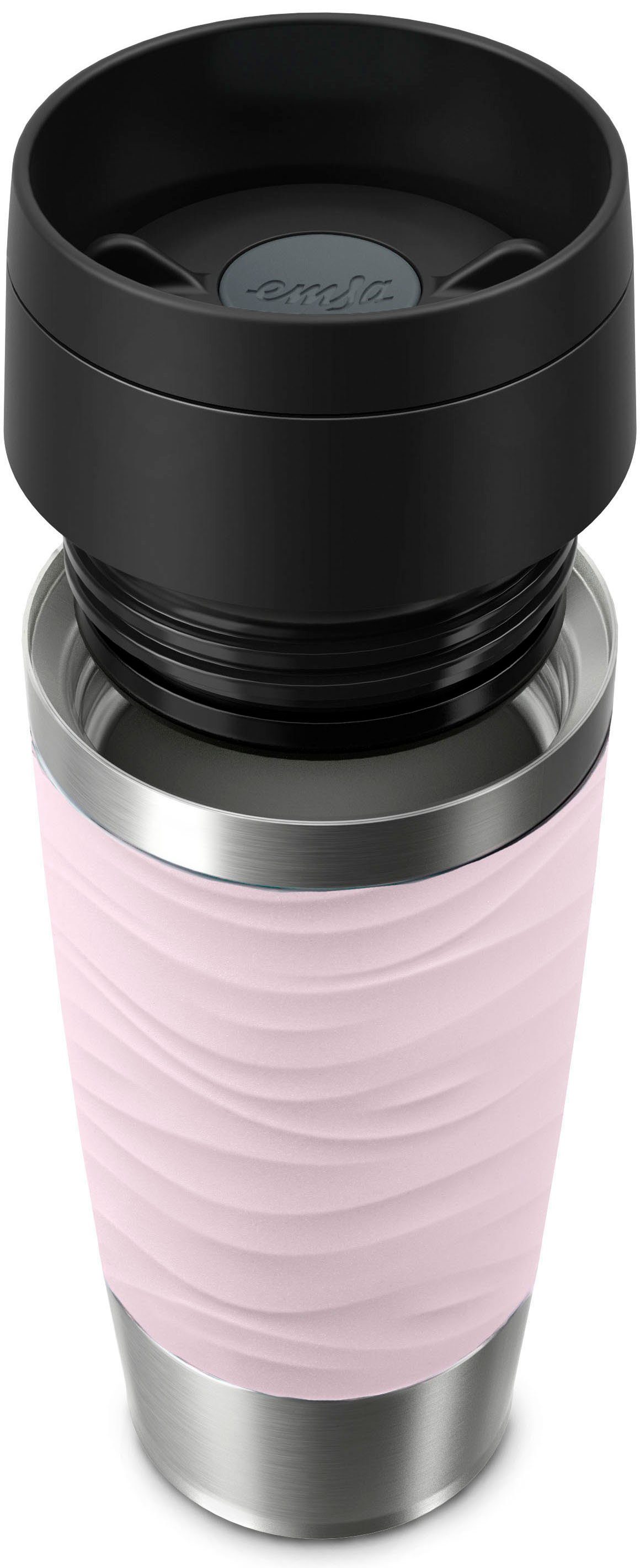 Emsa Thermobecher Travel Mug Classic Wave, Edelstahl, Kunststoff, Silikon, 100% dicht, spülmaschinenfest, 360°-Trinköffnung