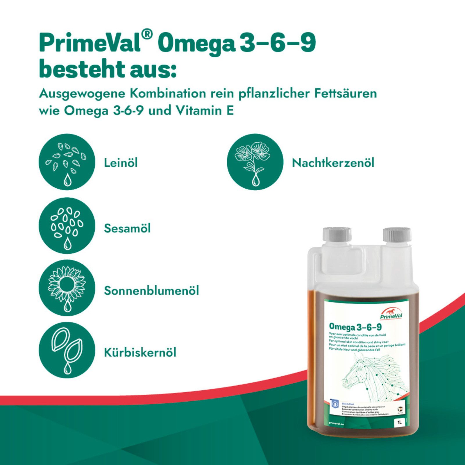 PrimeVal Omega 3-6-9 für Pferde, Für gesunde Haut und glänzendes Fell, 1 Liter, für: Pferde
