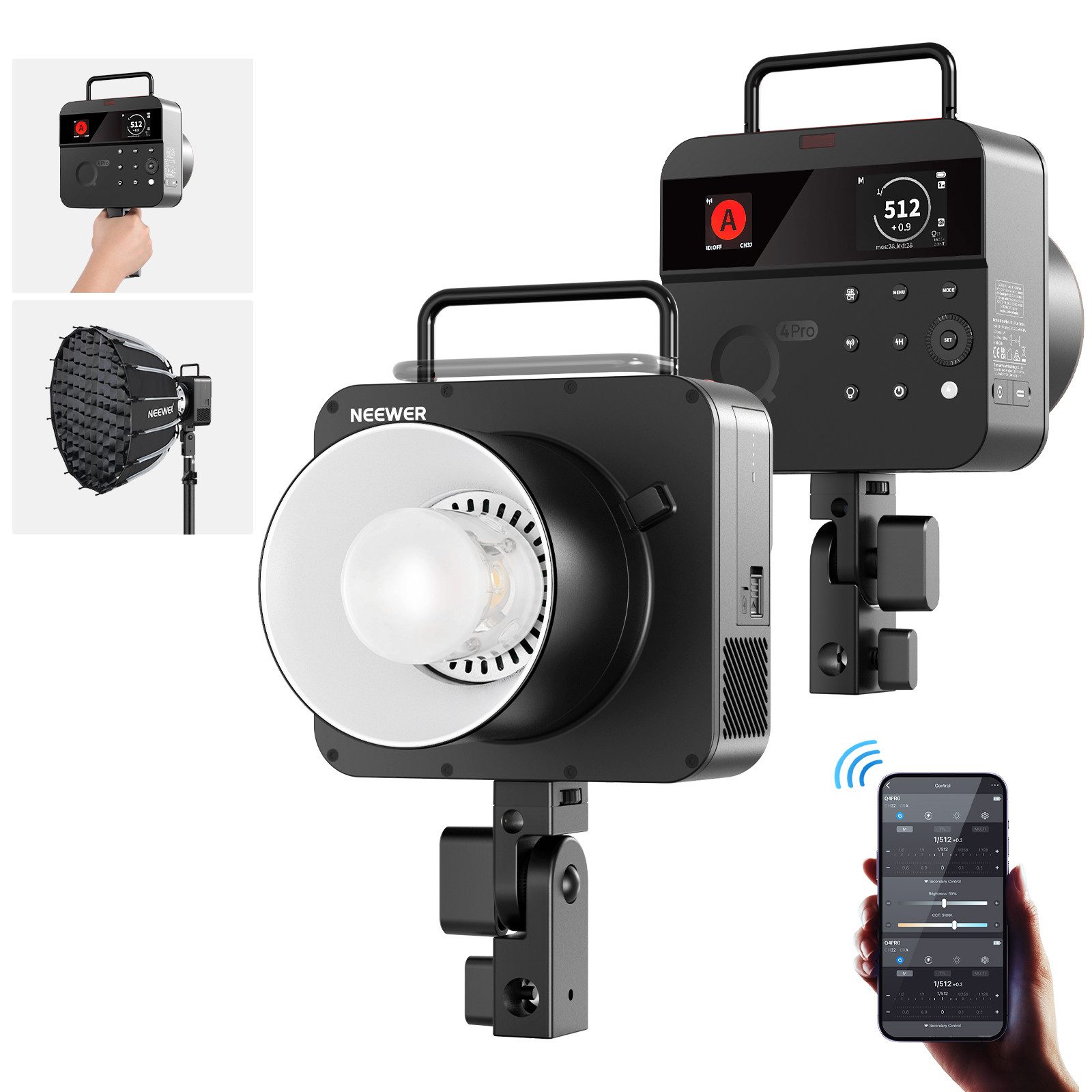 Neewer Q4PRO 400W 2,4G TTL Outdoor Studio Flaschenstrobe, 1/8000 HSS 6000K Blitzgerät, (kompatibel mit Godox, mit App-Steuerung, Bowens Anschluss, 2800mAh)