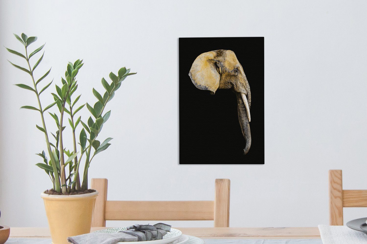 Zackenaufhänger, St), - OneMillionCanvasses® Elefant bespannt Leinwandbild (1 Gemälde, Leinwandbild Schwarz, cm 20x30 inkl. fertig - Kopf