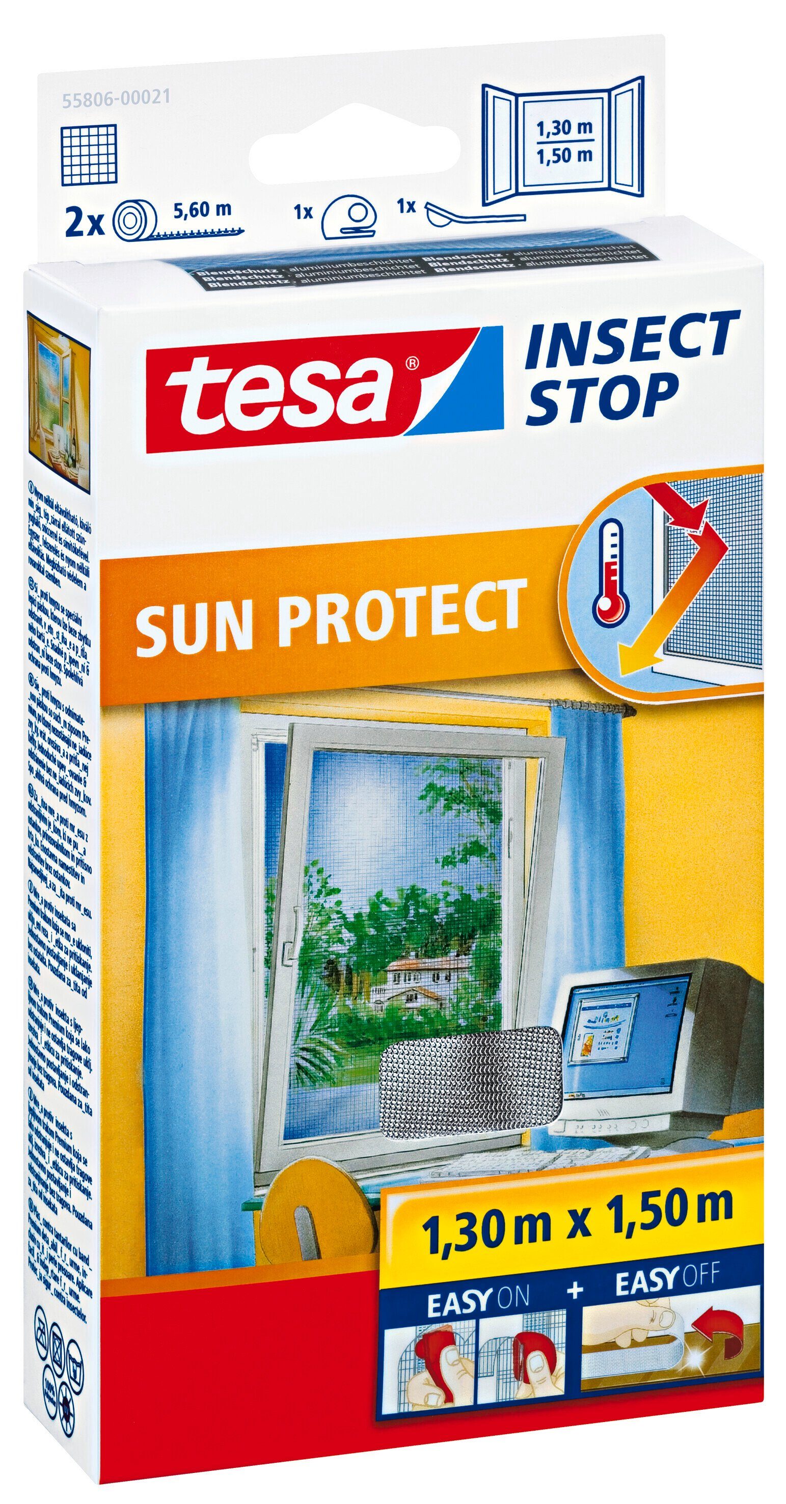 tesa Fliegengitter-Gewebe Insect Stop Comfort SUN Protect Fliegengitter für Fenster - 1.3m:1.5m, (Packung, 1-St., Fliegennetz, Klettband), Insektenschutzgitter mit Sonnenschutz - ohne Bohren - schwarz