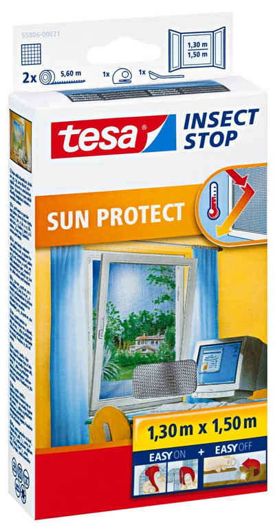 tesa Fliegengitter-Gewebe Insect Stop Comfort SUN Protect Insektenschutzgitter für Fenster, (Packung, 1-St., Fliegennetz, Klettband), Fliegengitter mit Sonnenschutz - ohne Bohren - 1.3m:1.5m - schwarz