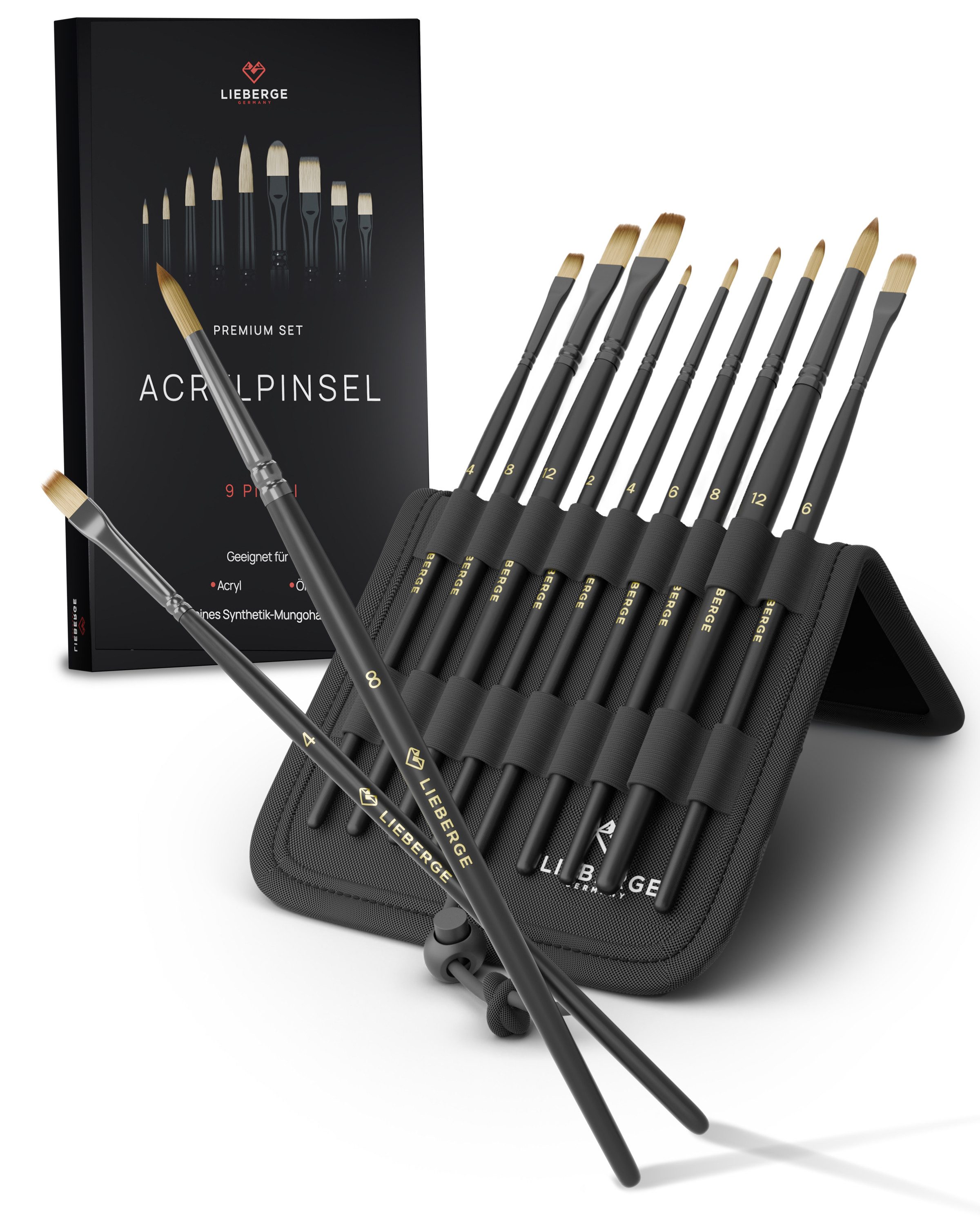 LIEBERGE Malpinsel Premium Set Acryl – 9 Acrylpinsel, inkl. Präsenter, (Set, 9 St., Pinselpräsenter, Flachpinsel, Rundpinsel, Katzenzungenpinsel), Synthetikhaar, vegan, langlabig, hohe Farbaufnahme, Anfänger, Profis
