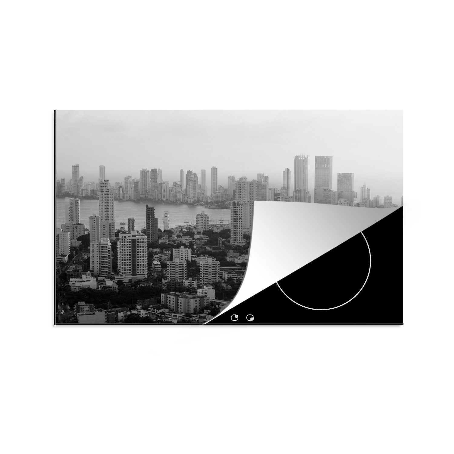 MuchoWow Herdblende-/Abdeckplatte Kolumbien - Skyline - Schwarz - Weiß, Vinyl, (1 tlg), 81x52 cm, Induktionskochfeld Schutz für die küche, Ceranfeldabdeckung
