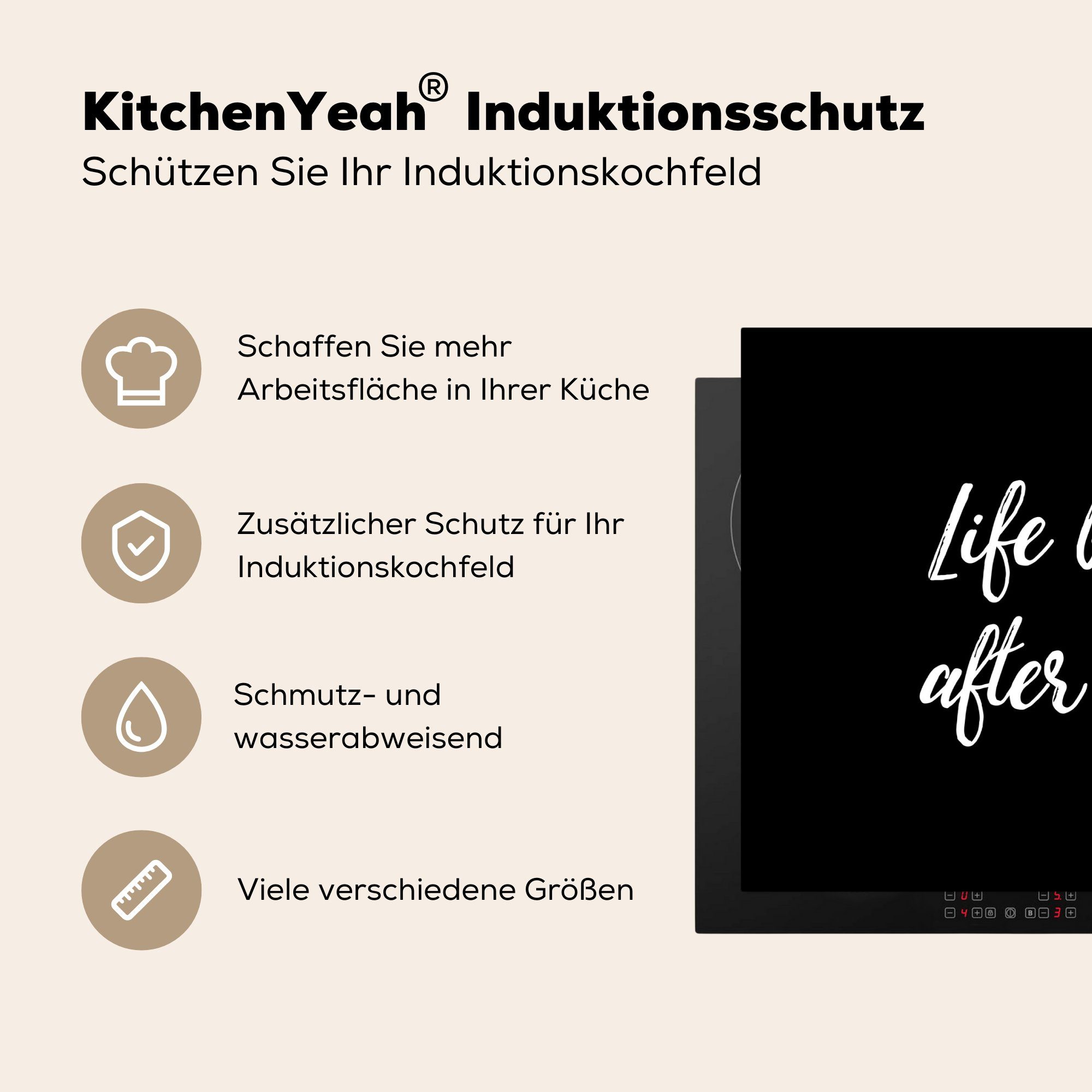 beginnt Kaffee nutzbar, - - Vinyl, nach Zitate cm, - 70x52 Mobile Herdblende-/Abdeckplatte Das Ceranfeldabdeckung dem Arbeitsfläche (1 Kaffee, MuchoWow tlg), Leben Sprichwörter