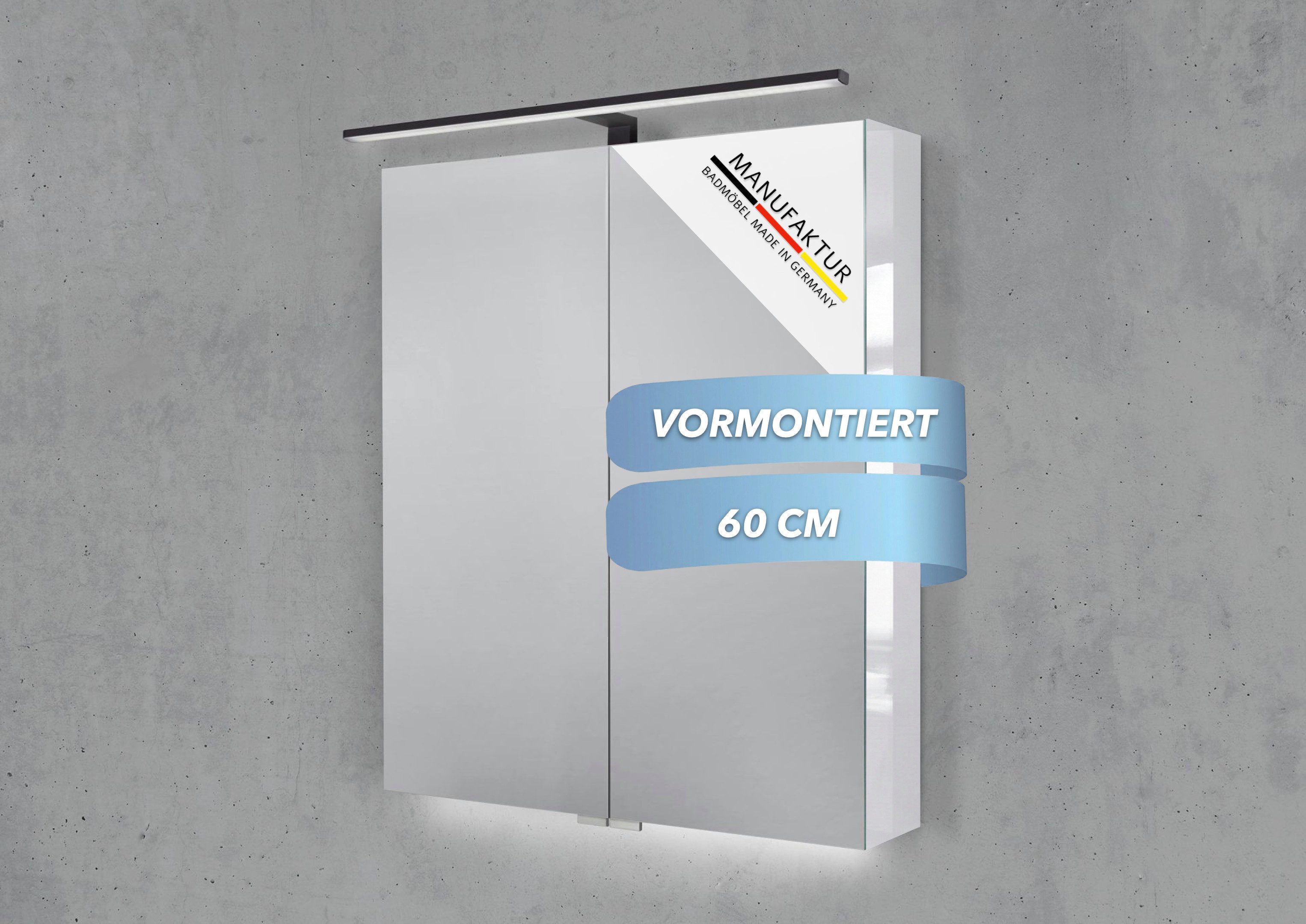 Intarbad Badezimmerspiegelschrank 2-türiger Spiegelschrank mit MULTI LED Aufsatzleuchte, dimmbar (Doppelspiegeltüren, Holz-/ Lackdekore, Maße von 60 bis 120 cm wählbar, Höhe 70 cm, Glasfachböden, Magnetleiste & Kosmetikspiegel Ø 12 cm) Vormontierte Lieferung, Floatglas, 160 kg Traglast, Made in Germany